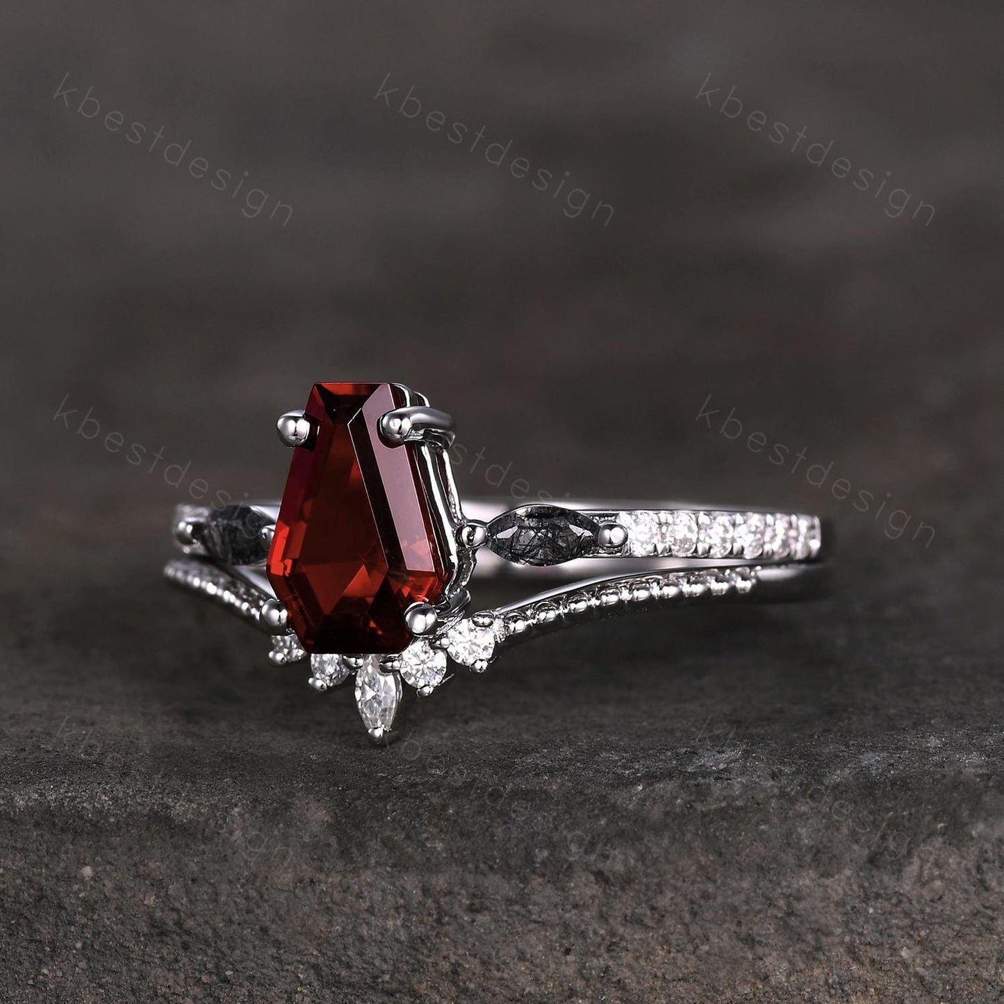 Coffin shaped garnet engagement ring set unique art deco Moissanite wedding ring silver stacking ring vintage bridal wedding ring set