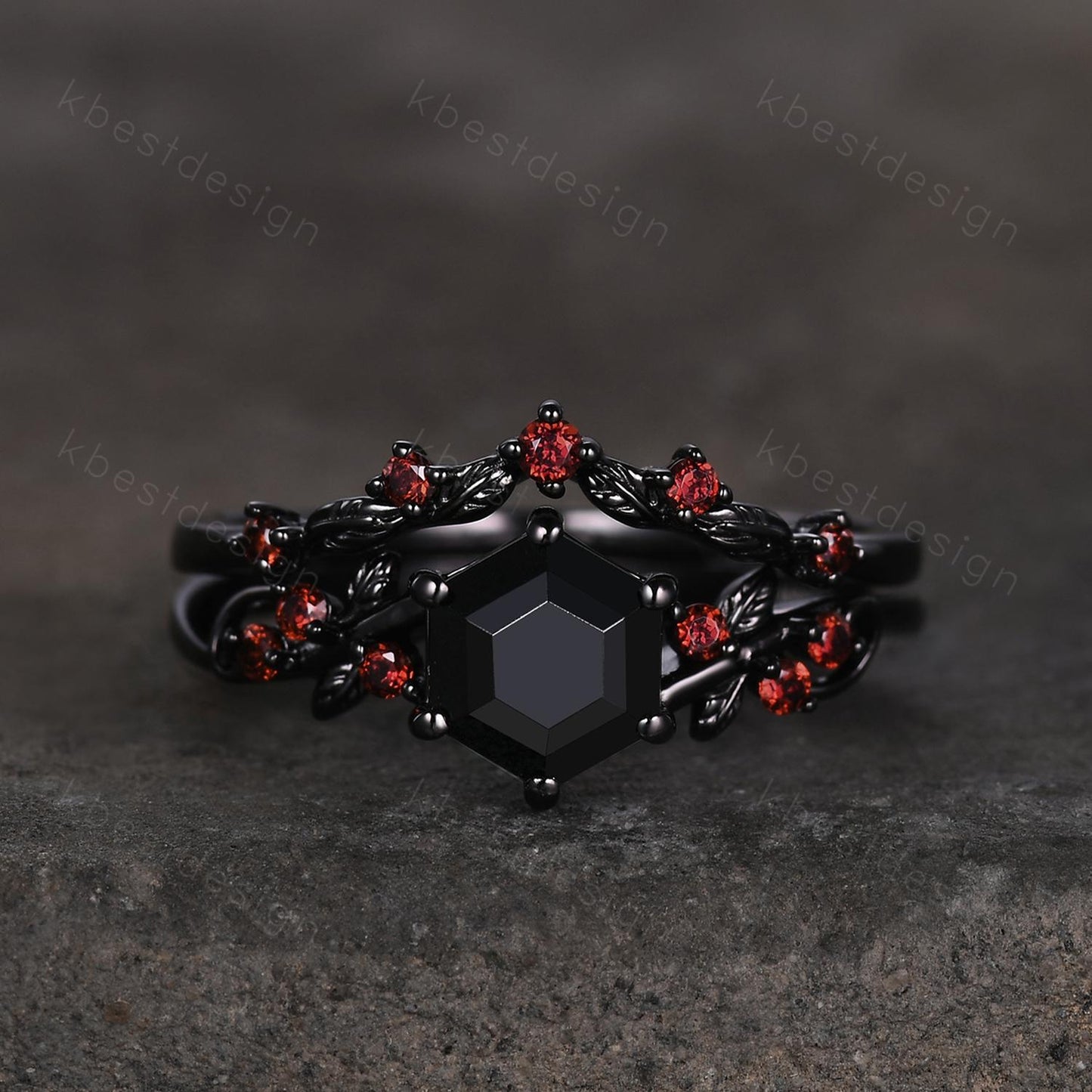 Gothic Hexagon cut Black Onyx Engagement Ring Art Deco Branch Design Leaf Garnet Wedding Ring Black Gold Ring Unique Bridal Ring Set