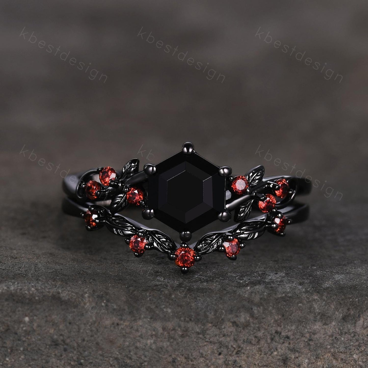 Gothic Hexagon cut Black Onyx Engagement Ring Art Deco Branch Design Leaf Garnet Wedding Ring Black Gold Ring Unique Bridal Ring Set