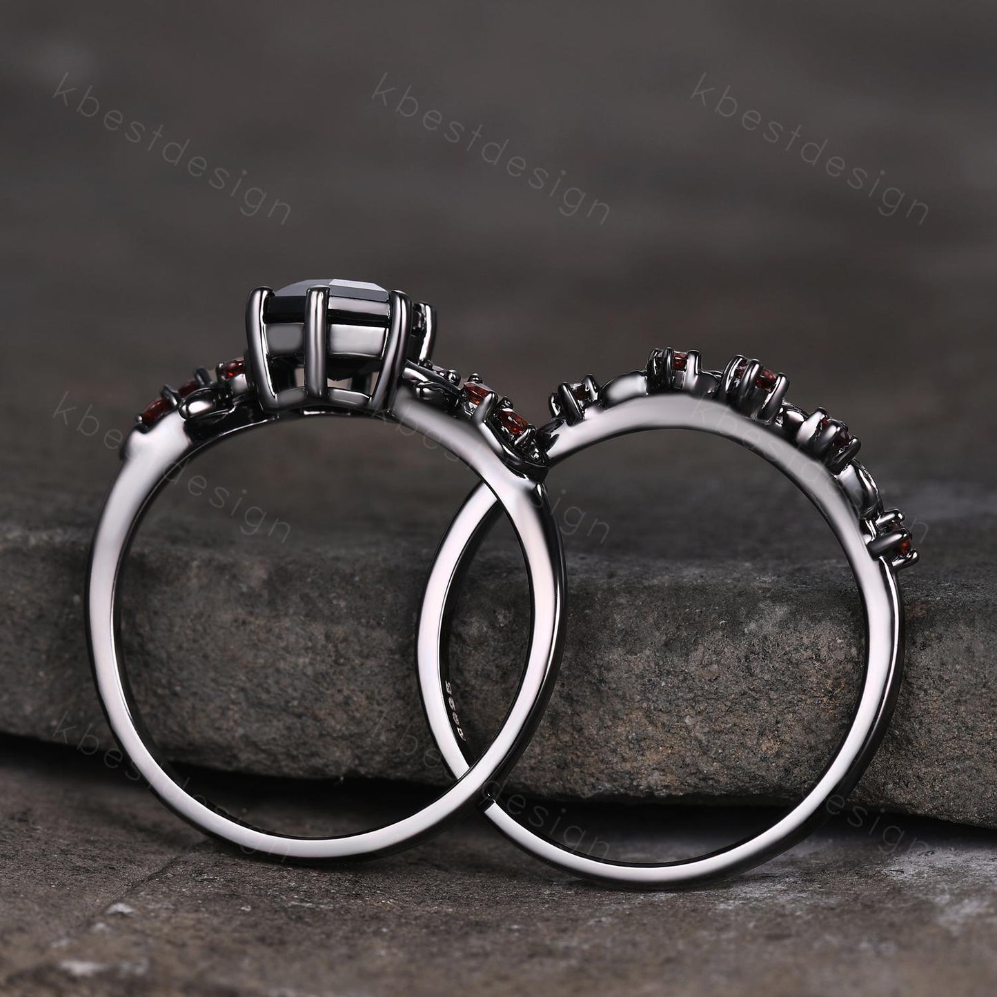 Gothic Hexagon cut Black Onyx Engagement Ring Art Deco Branch Design Leaf Garnet Wedding Ring Black Gold Ring Unique Bridal Ring Set