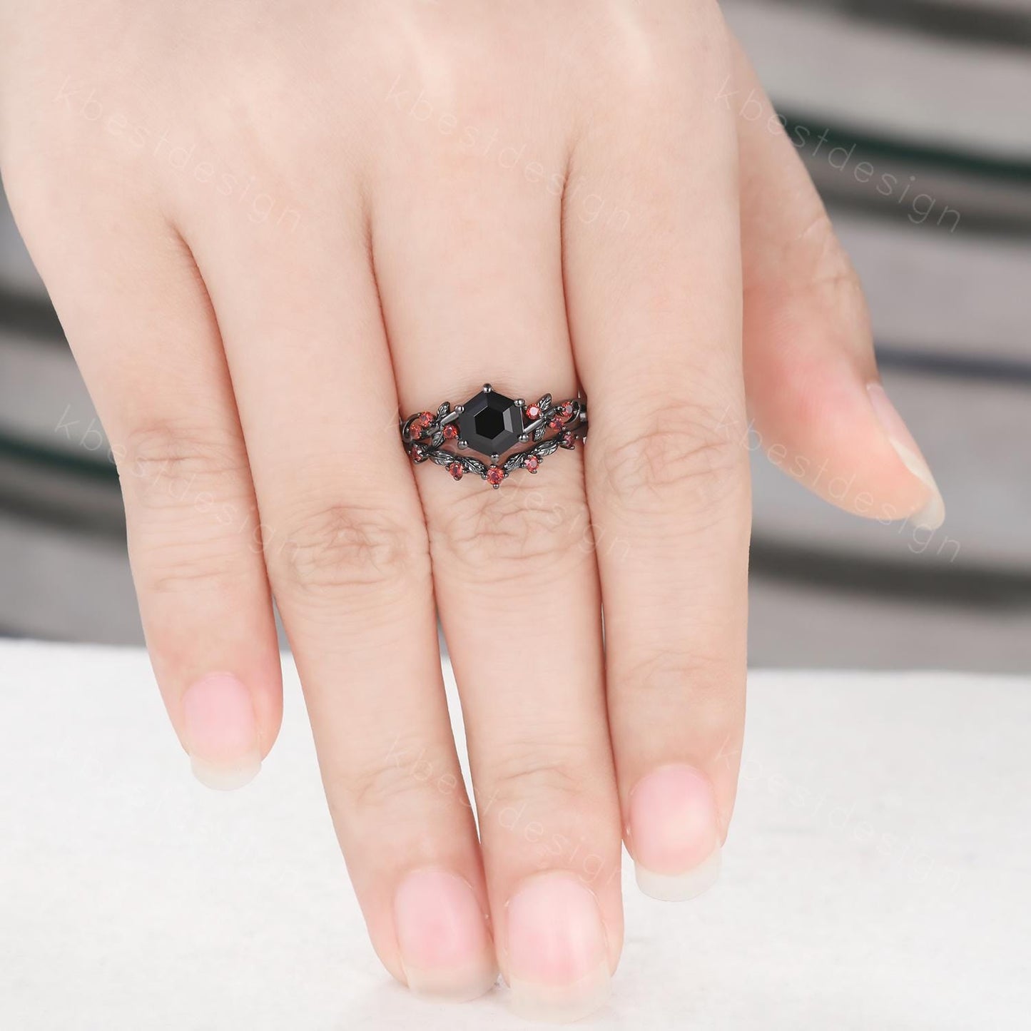 Gothic Hexagon cut Black Onyx Engagement Ring Art Deco Branch Design Leaf Garnet Wedding Ring Black Gold Ring Unique Bridal Ring Set