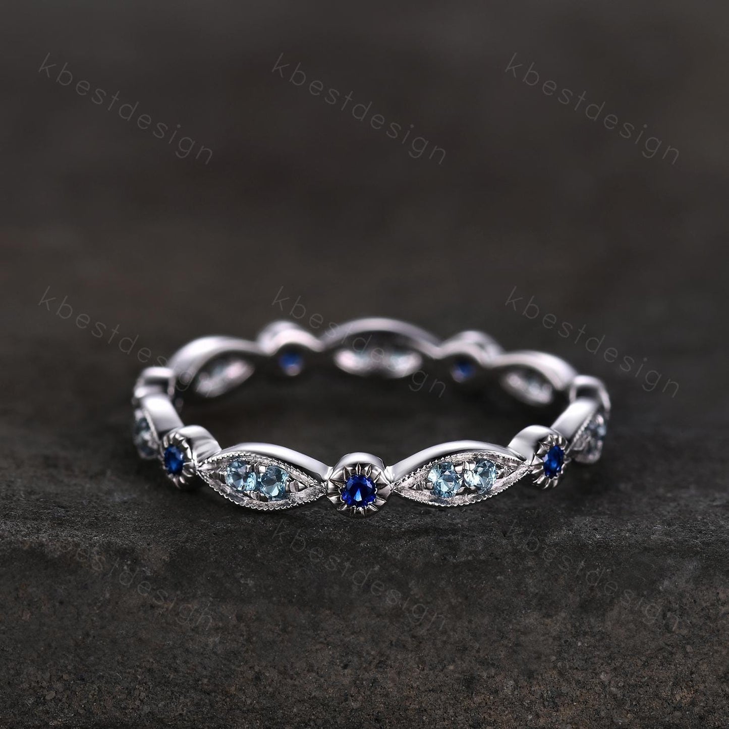 Unique Blue Topaz Wedding Band Art Deco Blue Sapphire Ring Sterling Silver Stacking Matching Band December Birthstone Ring Gemstone Band
