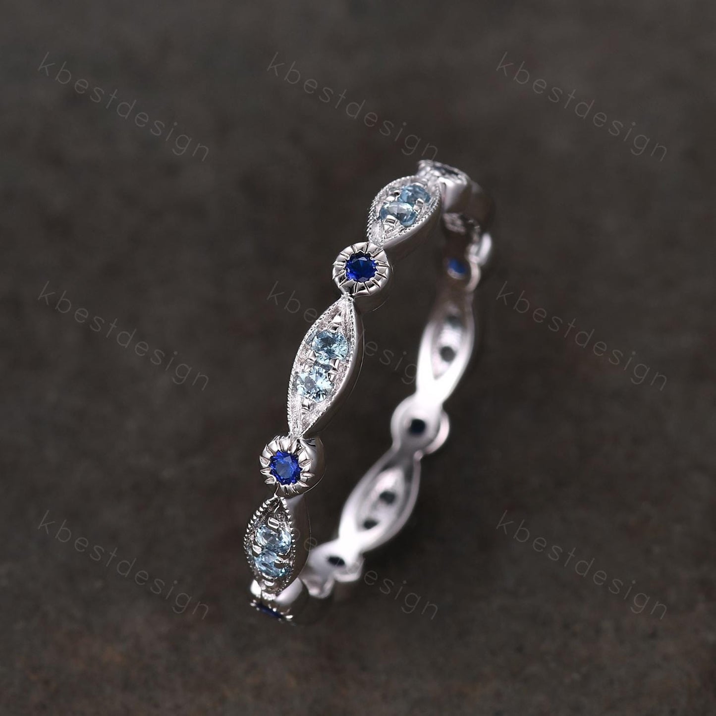 Unique Blue Topaz Wedding Band Art Deco Blue Sapphire Ring Sterling Silver Stacking Matching Band December Birthstone Ring Gemstone Band