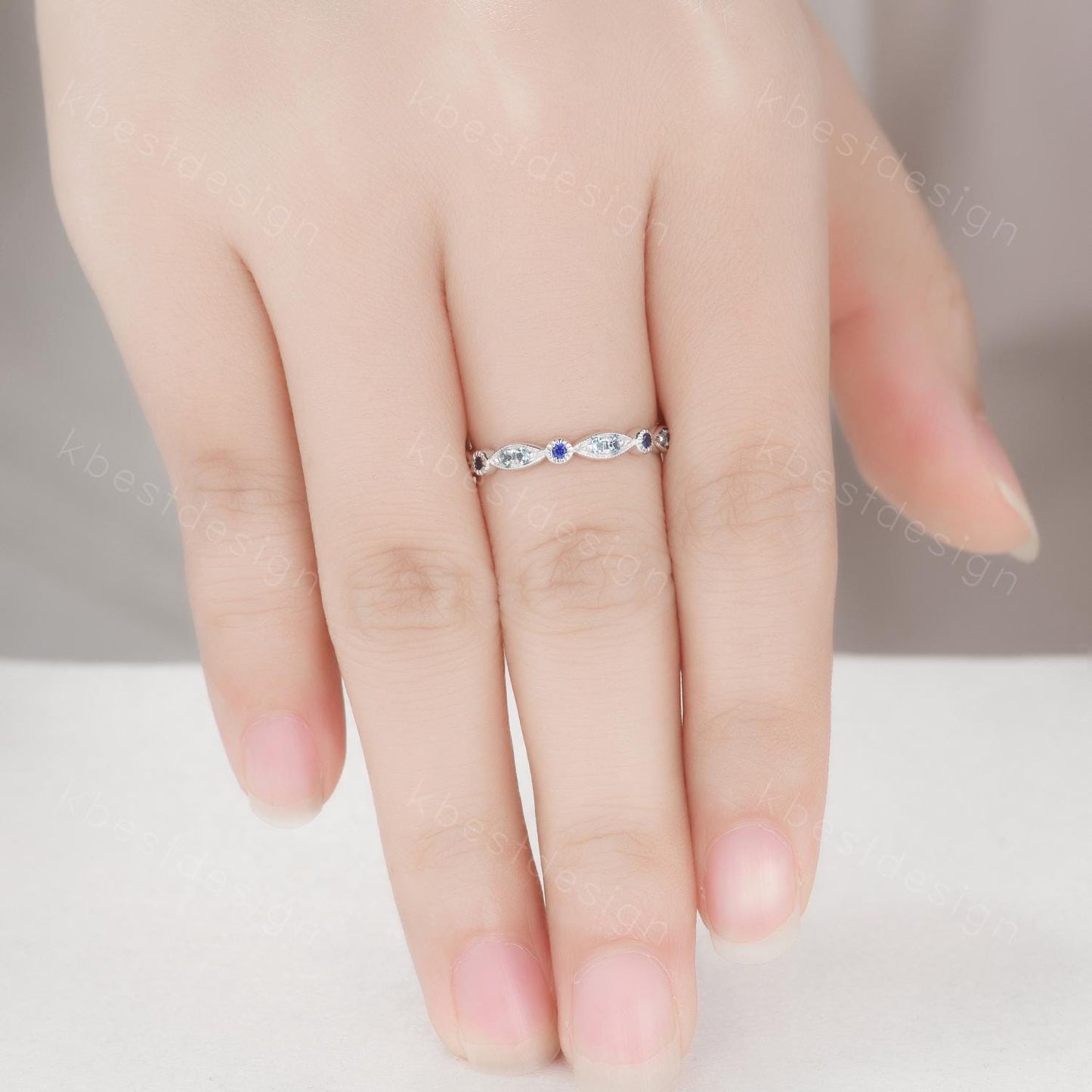 Unique Blue Topaz Wedding Band Art Deco Blue Sapphire Ring Sterling Silver Stacking Matching Band December Birthstone Ring Gemstone Band