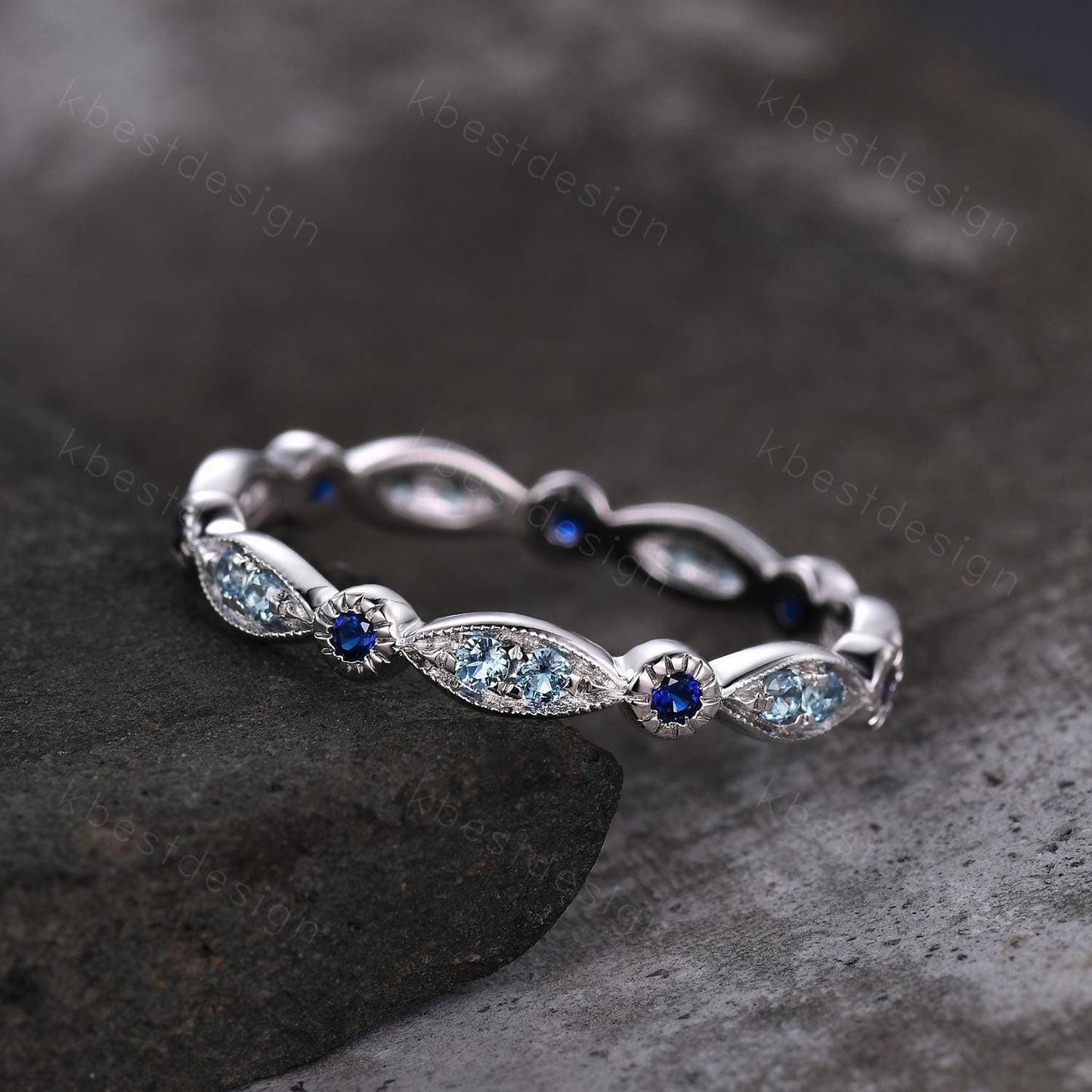 Unique Blue Topaz Wedding Band Art Deco Blue Sapphire Ring Sterling Silver Stacking Matching Band December Birthstone Ring Gemstone Band