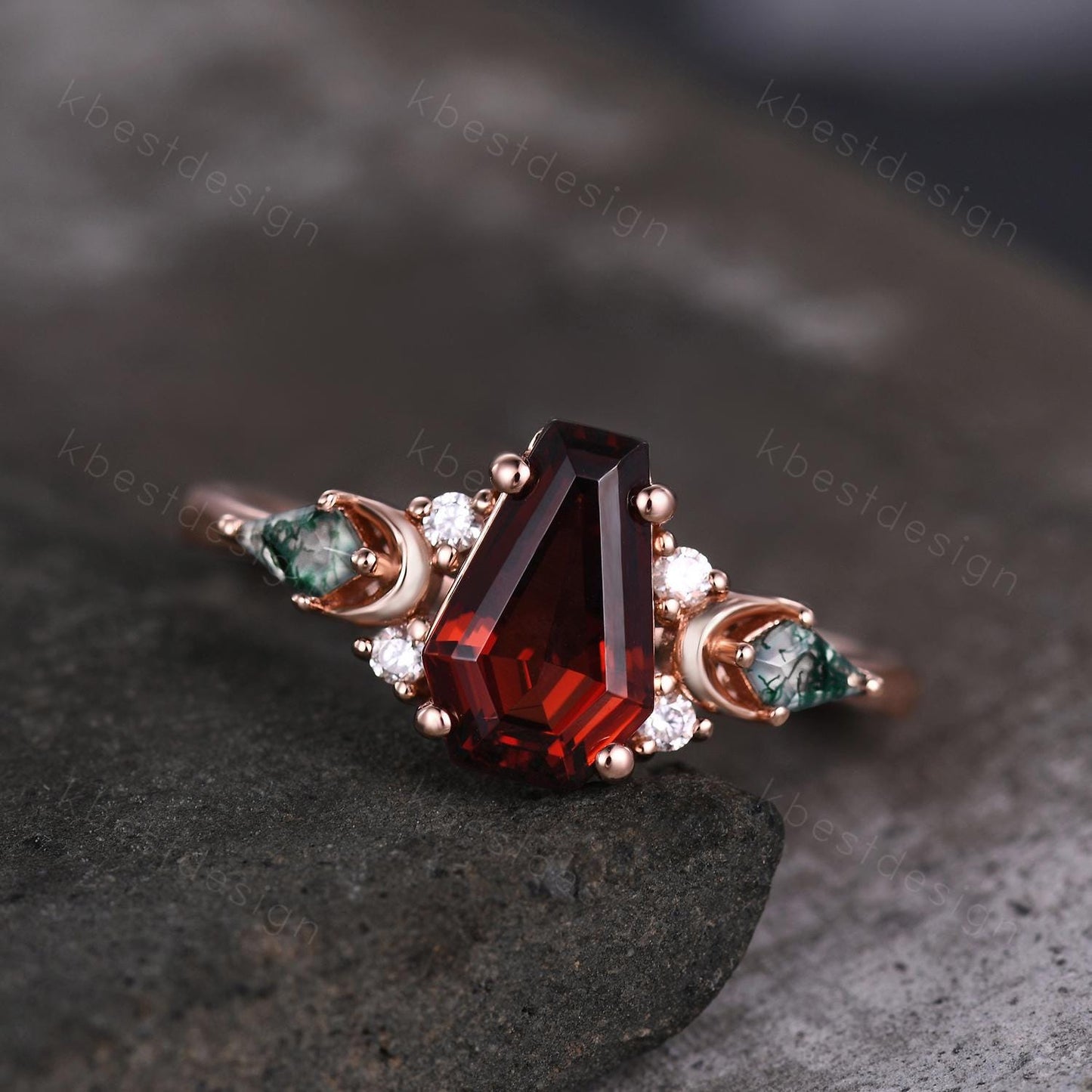 Coffin cut Garnet engagement ring unique kite cut moss agate ring crescent style ring rose gold ring for women January birthstone ring