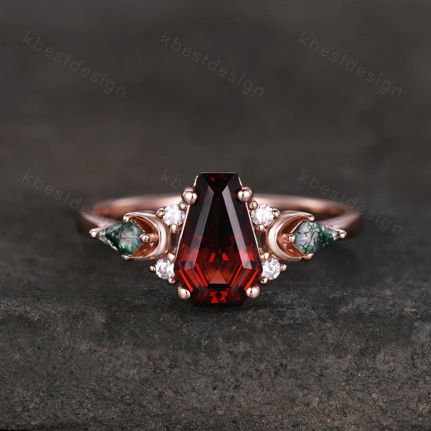 Coffin cut Garnet engagement ring unique kite cut moss agate ring crescent style ring rose gold ring for women January birthstone ring