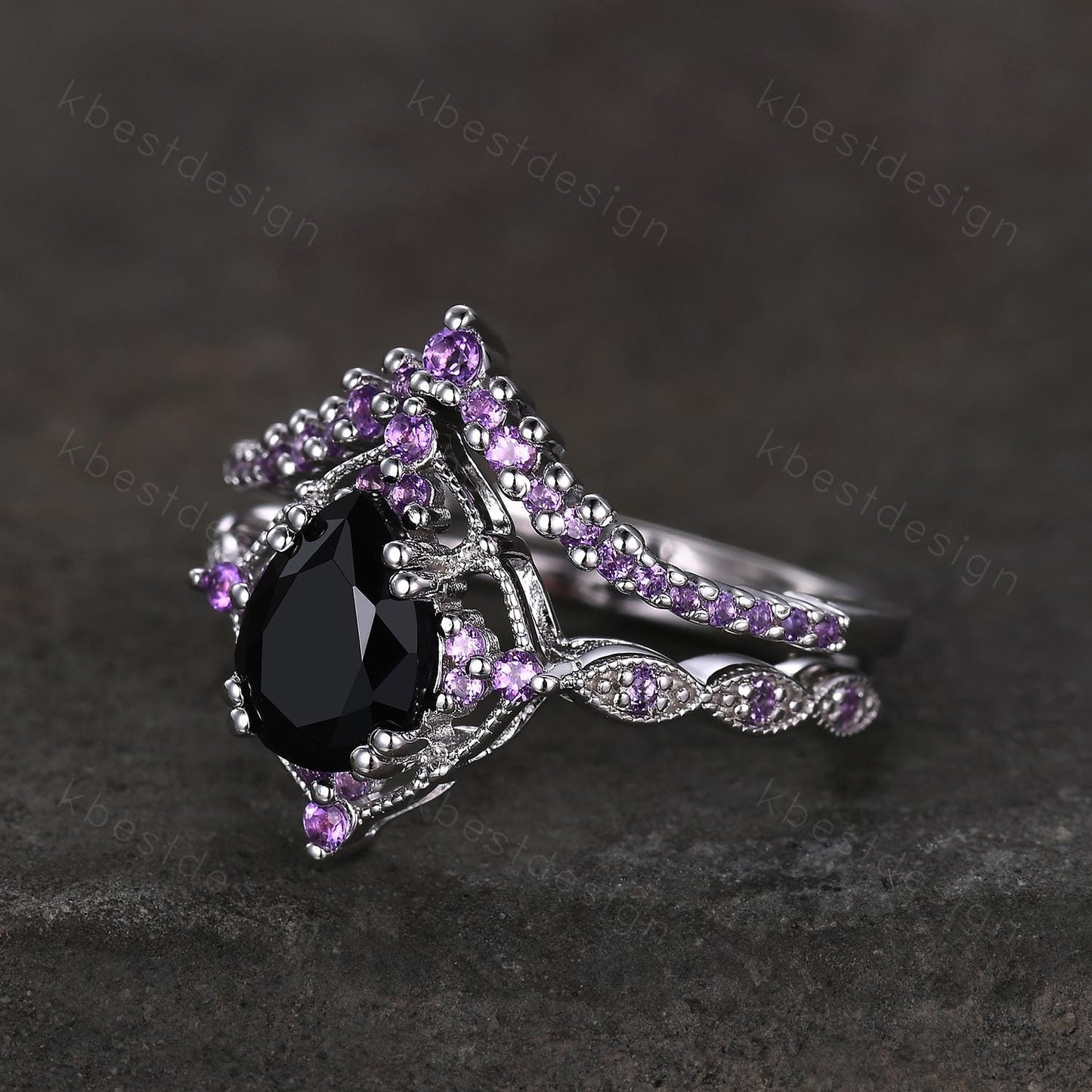 Vintage black onyx engagement ring sterling silver ring art deco curved stacking band pear shaped bridal set unique amethyst wedding set