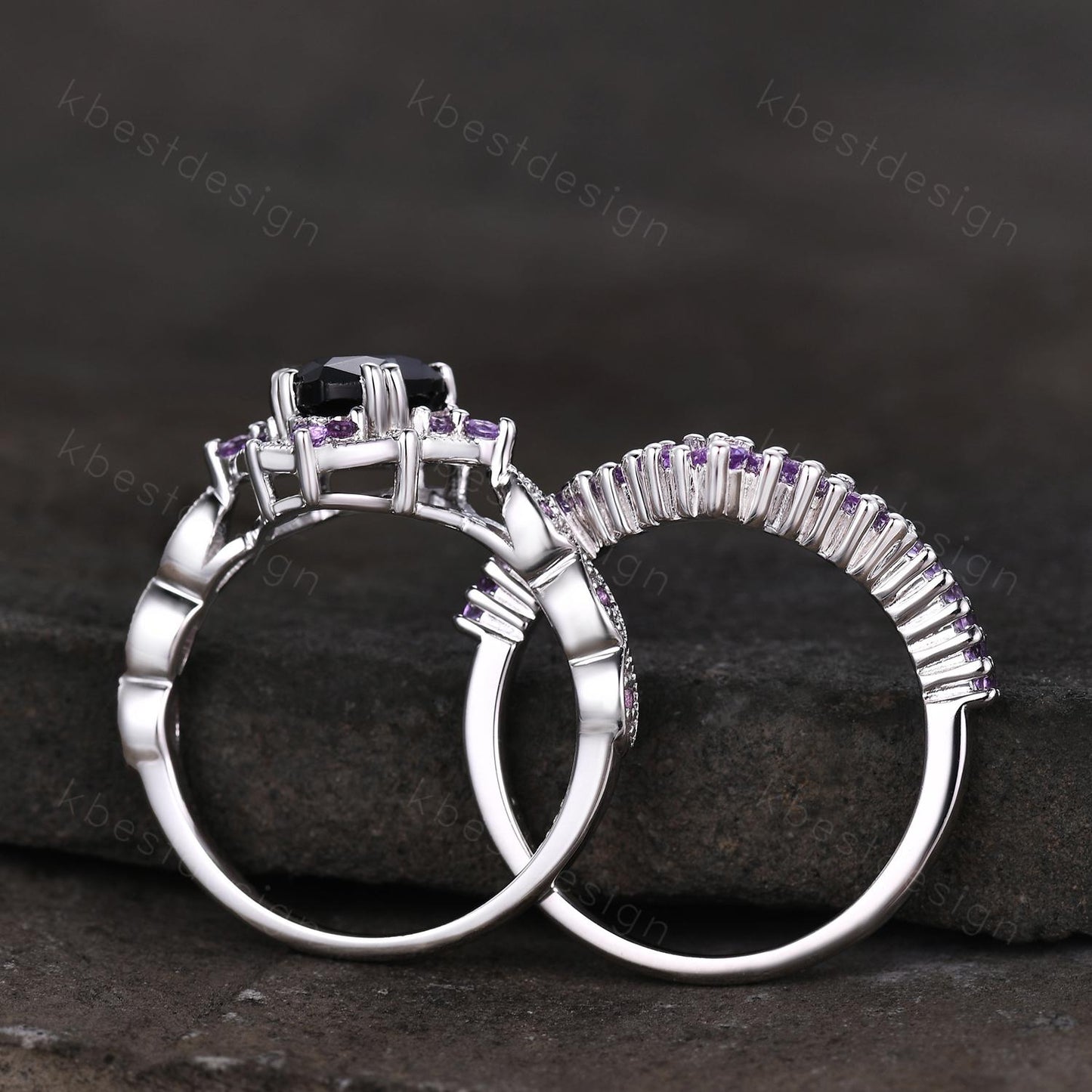 Vintage black onyx engagement ring sterling silver ring art deco curved stacking band pear shaped bridal set unique amethyst wedding set