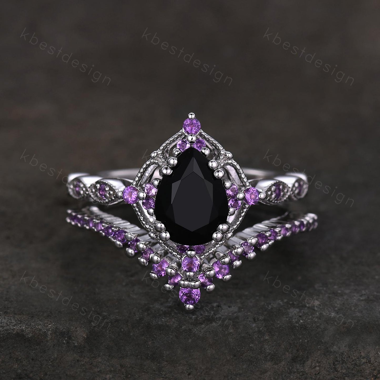 Vintage black onyx engagement ring sterling silver ring art deco curved stacking band pear shaped bridal set unique amethyst wedding set