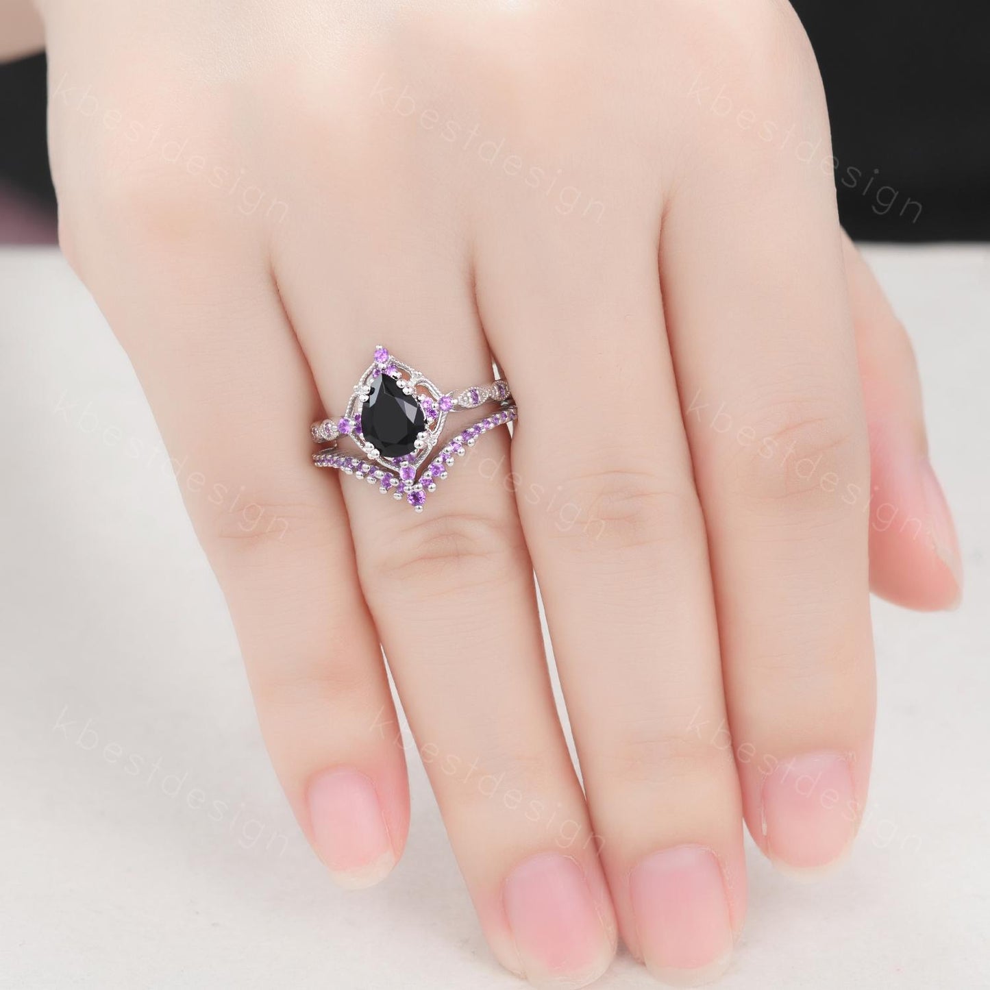 Vintage black onyx engagement ring sterling silver ring art deco curved stacking band pear shaped bridal set unique amethyst wedding set