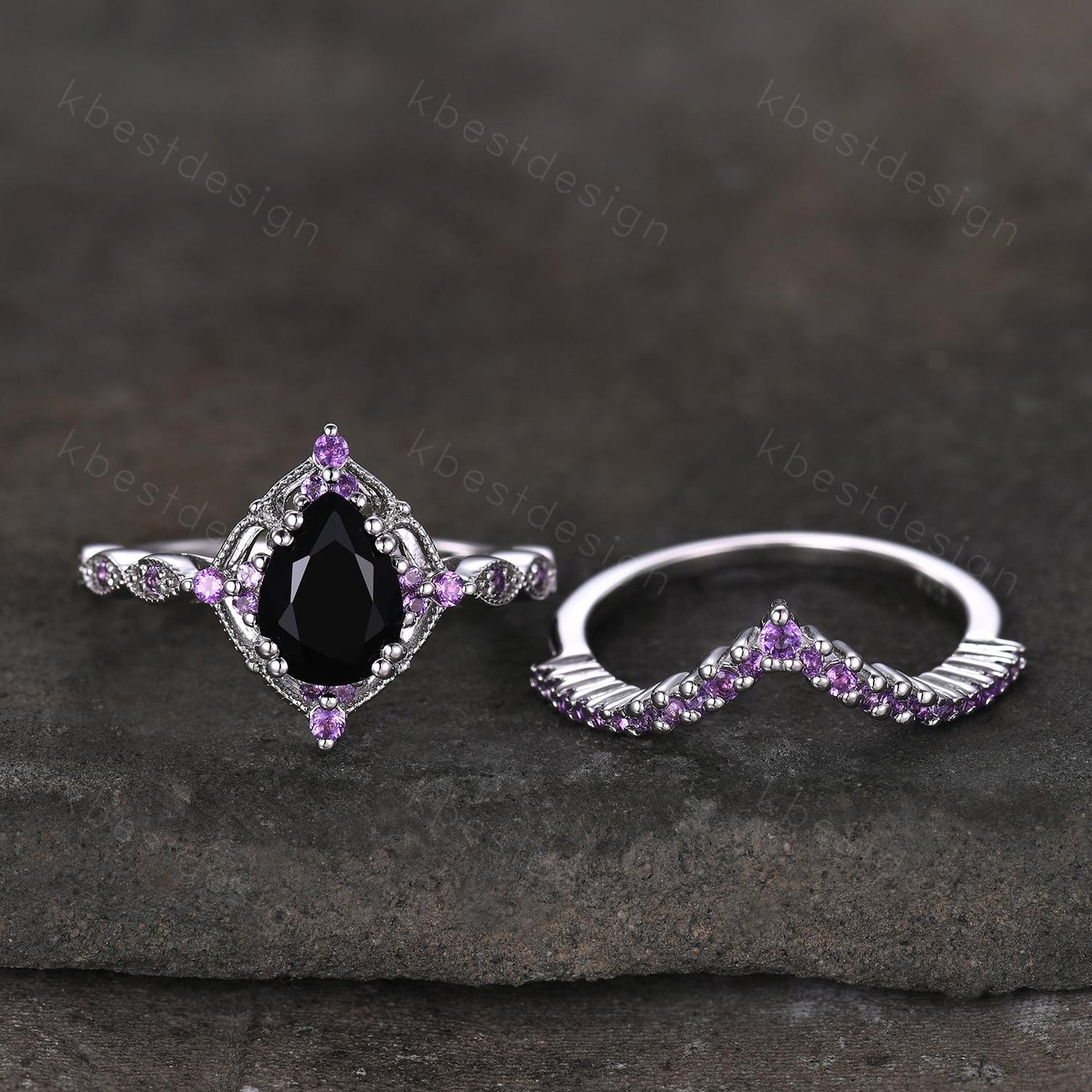 Vintage black onyx engagement ring sterling silver ring art deco curved stacking band pear shaped bridal set unique amethyst wedding set