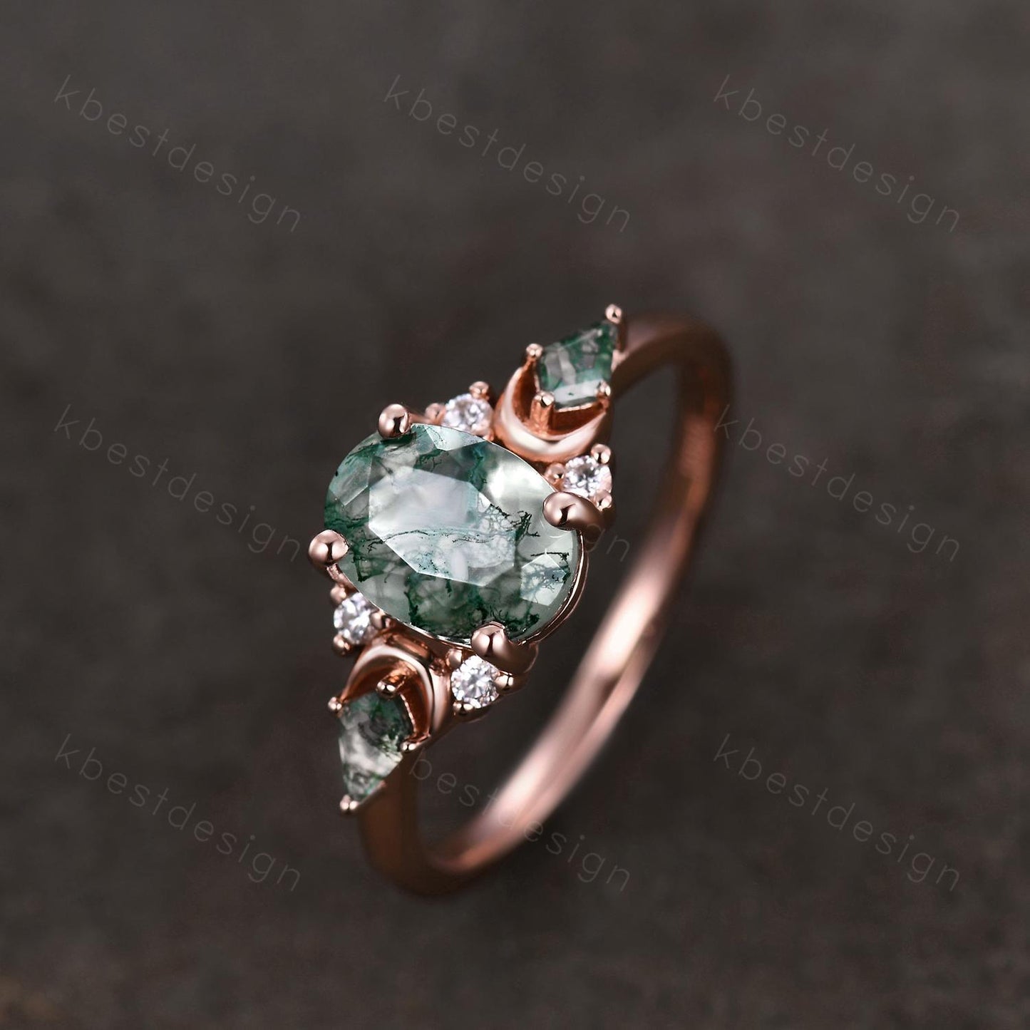 Vintage moss agate engagement ring unique rose gold ring for women crescent style ring kite cut moss agate cluster ring bridal ring