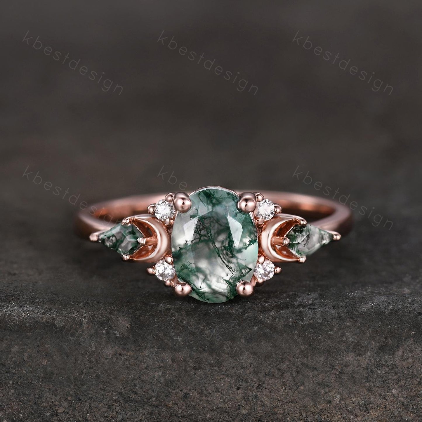 Vintage moss agate engagement ring unique rose gold ring for women crescent style ring kite cut moss agate cluster ring bridal ring