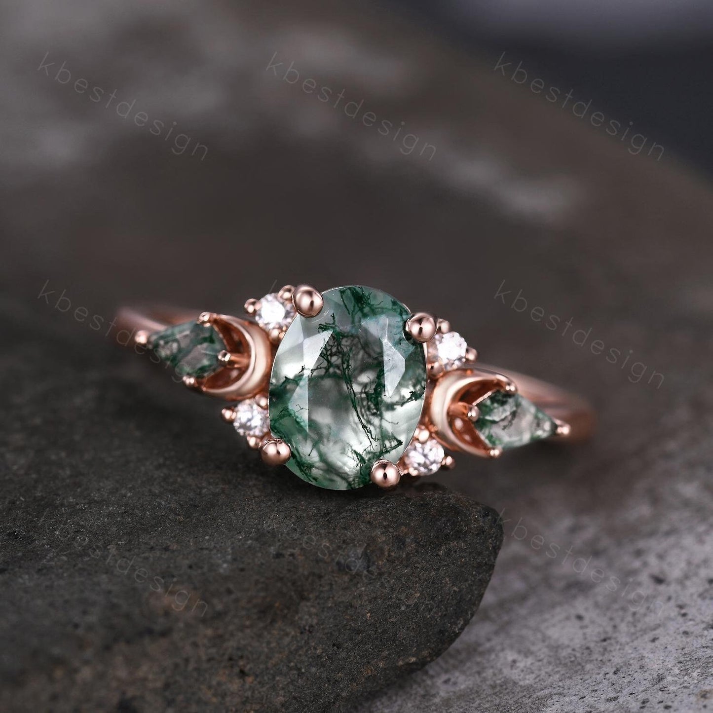 Vintage moss agate engagement ring unique rose gold ring for women crescent style ring kite cut moss agate cluster ring bridal ring