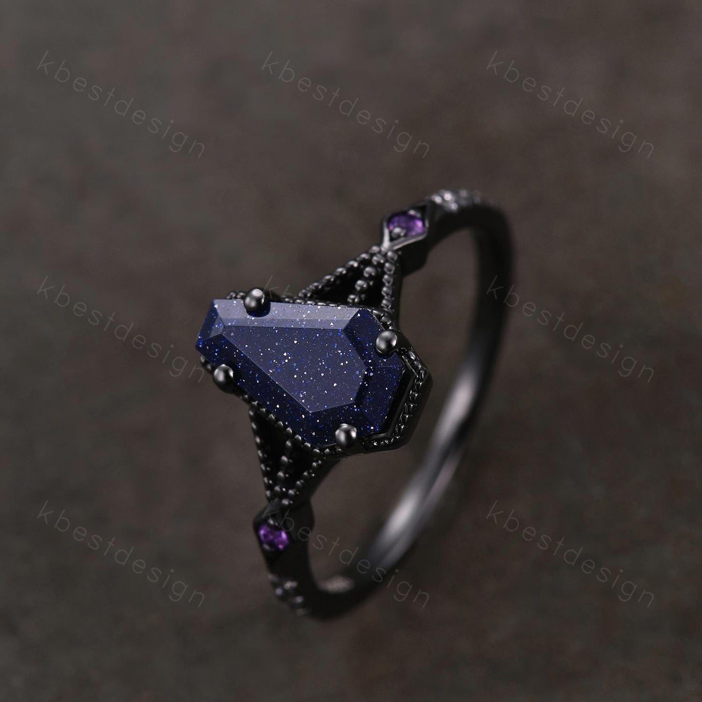 Coffin cut blue sandstone engagement ring Black gold ring Art deco milgrain amethyst wedding ring gothic galaxy ring bridal promise ring