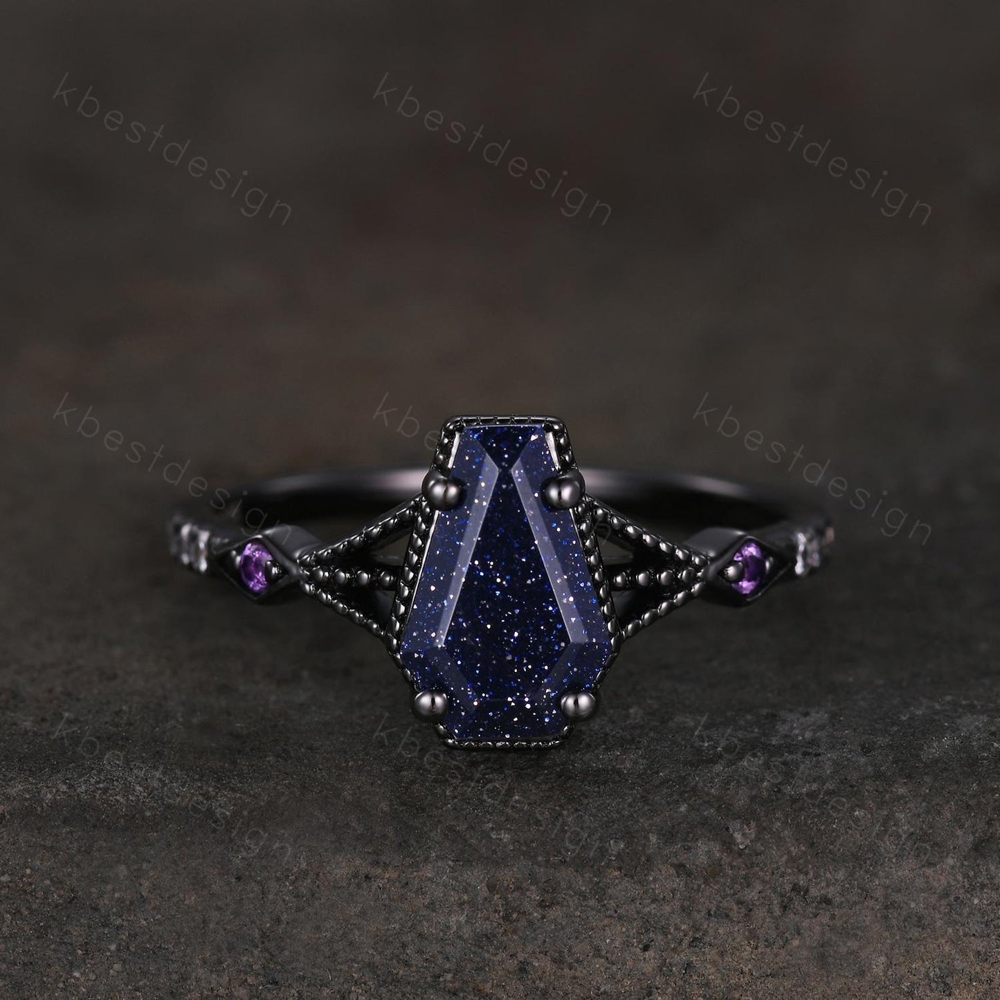 Coffin cut blue sandstone engagement ring Black gold ring Art deco milgrain amethyst wedding ring gothic galaxy ring bridal promise ring
