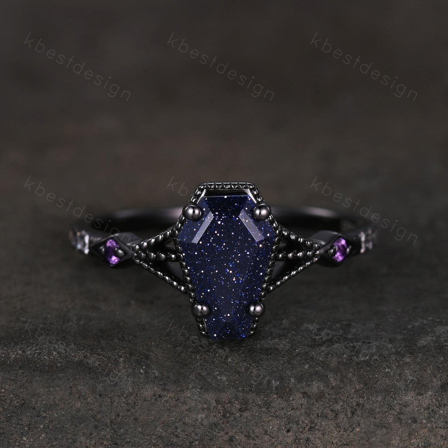 Coffin cut blue sandstone engagement ring Black gold ring Art deco milgrain amethyst wedding ring gothic galaxy ring bridal promise ring