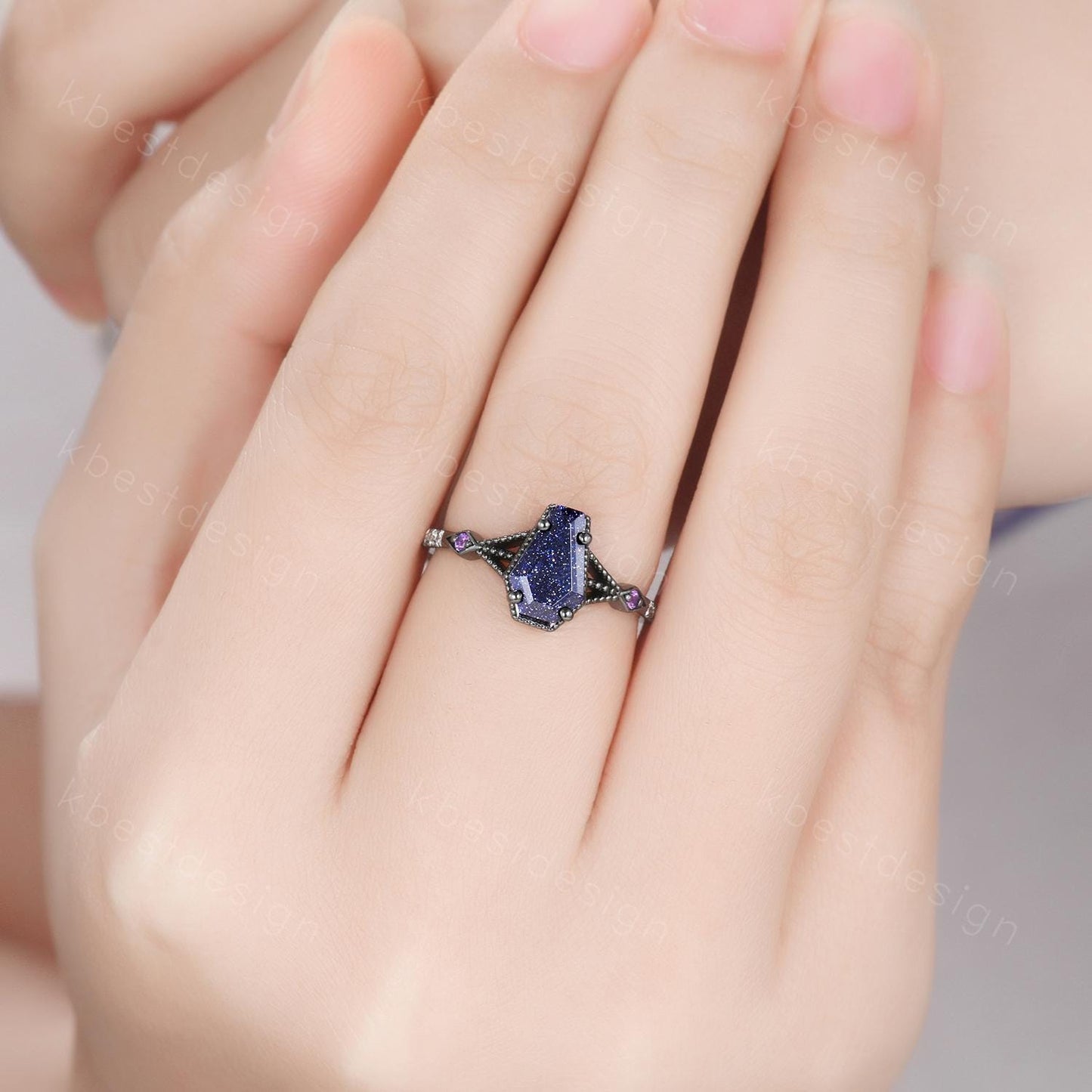 Coffin cut blue sandstone engagement ring Black gold ring Art deco milgrain amethyst wedding ring gothic galaxy ring bridal promise ring