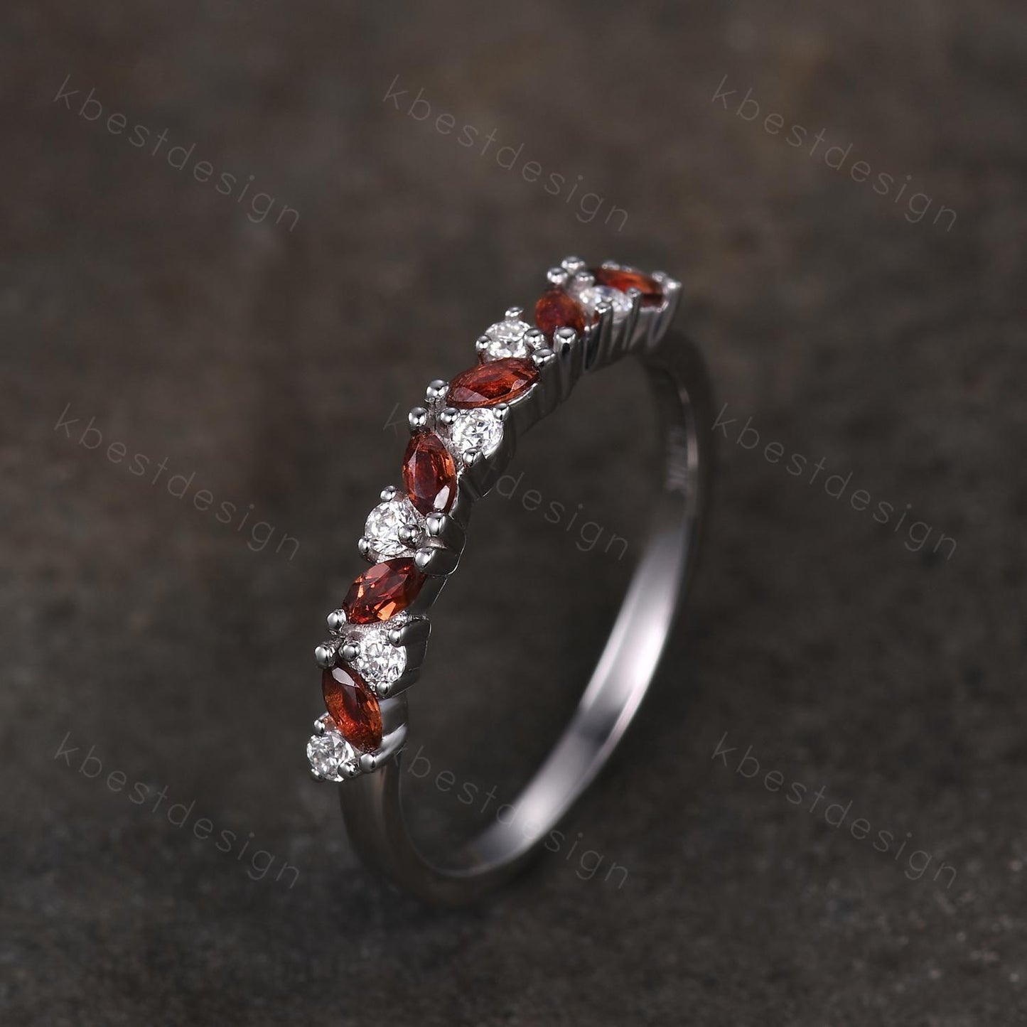 Garnet cluster wedding band Unique marquise cut garnet wedding band Vintage Moissanite ring Sterling silver ring Anniversary gift for Her