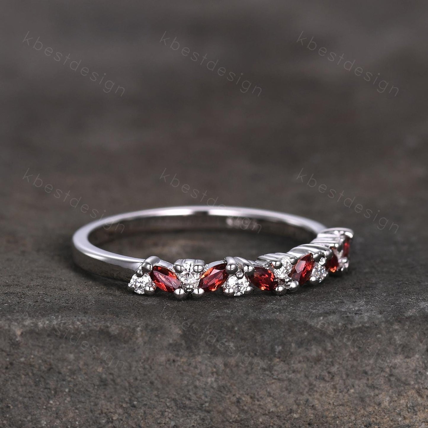 Garnet cluster wedding band Unique marquise cut garnet wedding band Vintage Moissanite ring Sterling silver ring Anniversary gift for Her