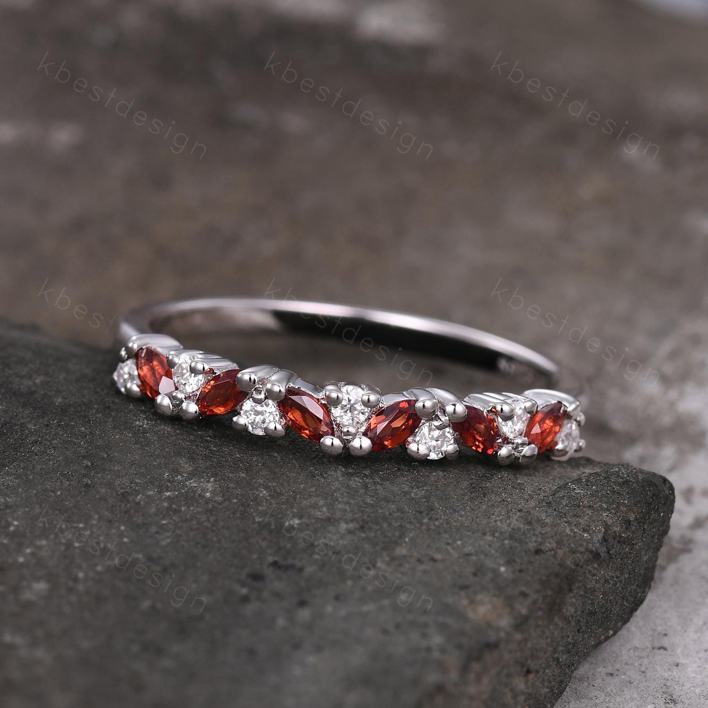Garnet cluster wedding band Unique marquise cut garnet wedding band Vintage Moissanite ring Sterling silver ring Anniversary gift for Her