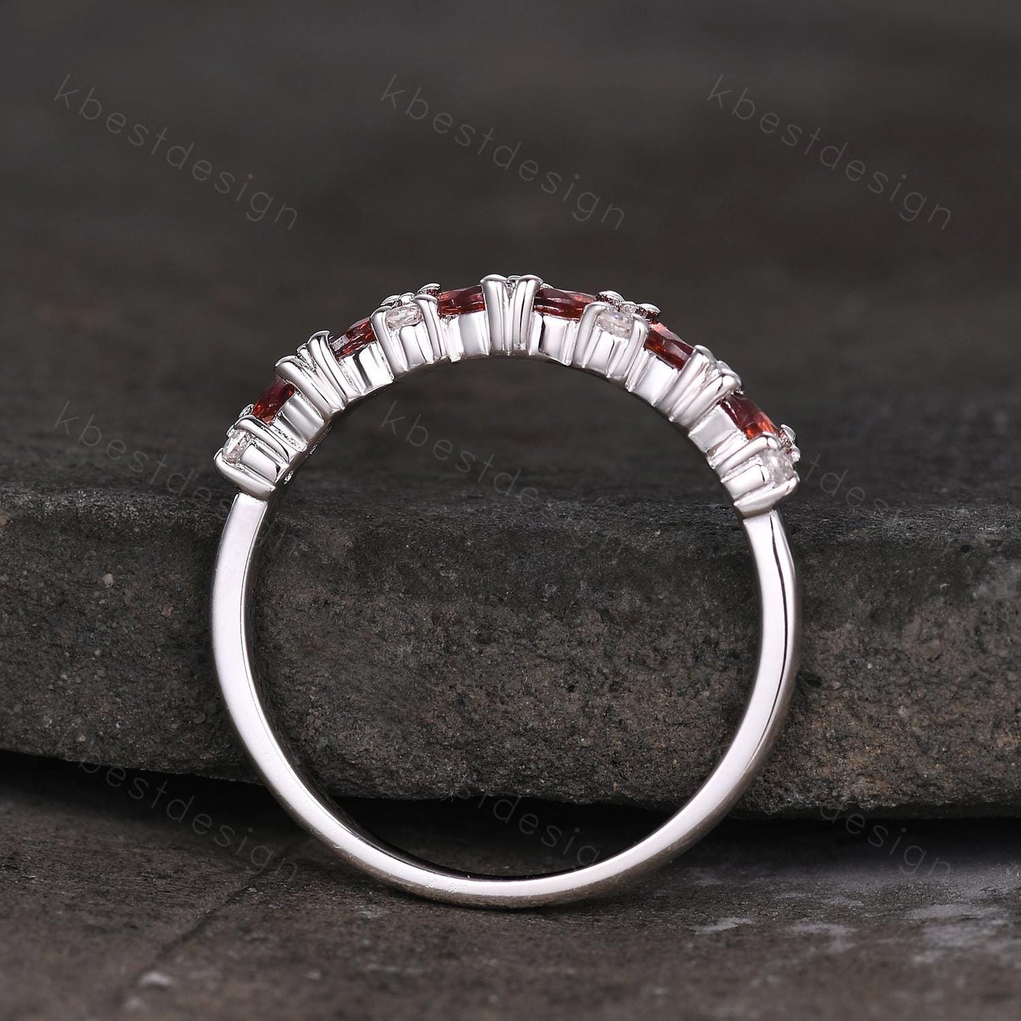 Garnet cluster wedding band Unique marquise cut garnet wedding band Vintage Moissanite ring Sterling silver ring Anniversary gift for Her