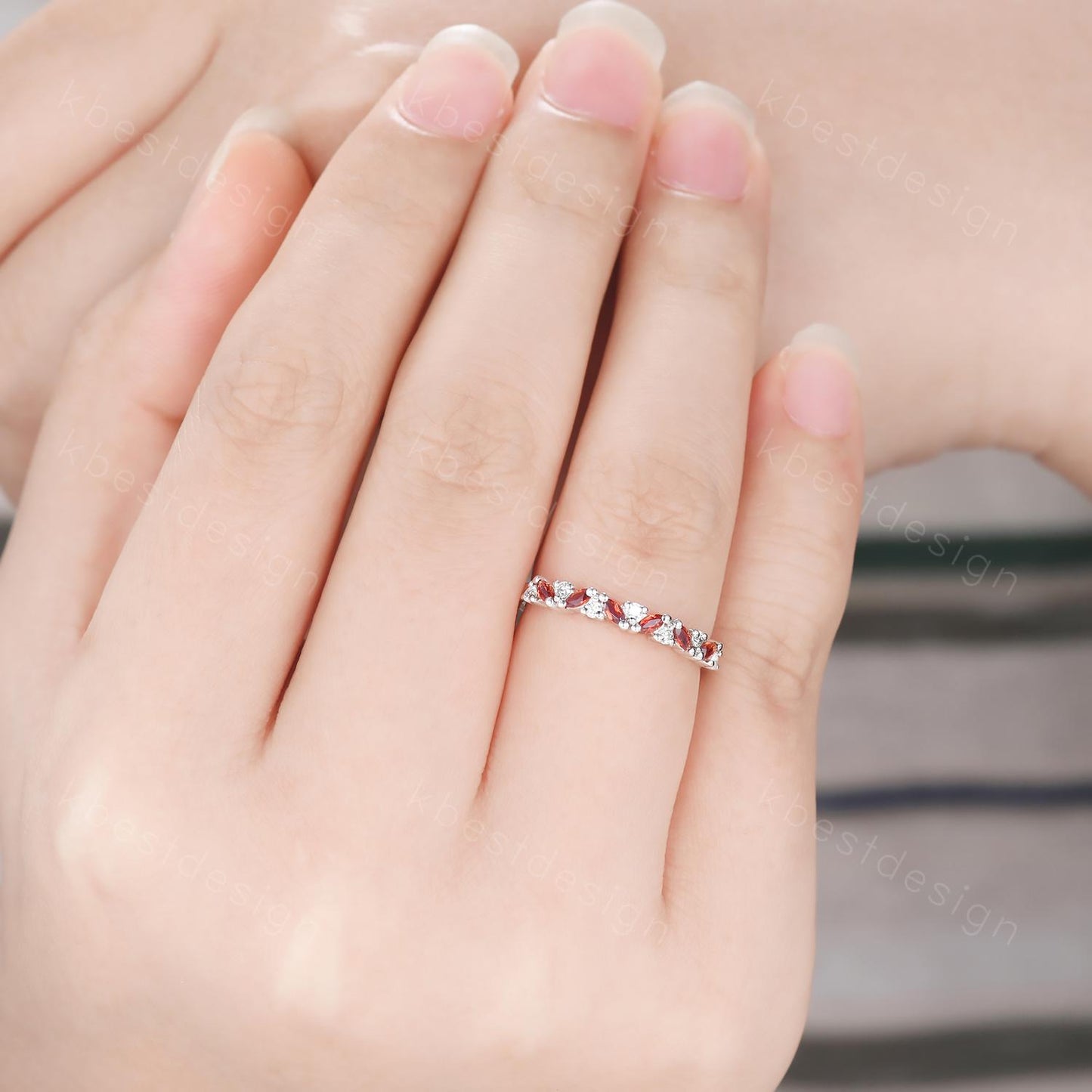 Garnet cluster wedding band Unique marquise cut garnet wedding band Vintage Moissanite ring Sterling silver ring Anniversary gift for Her
