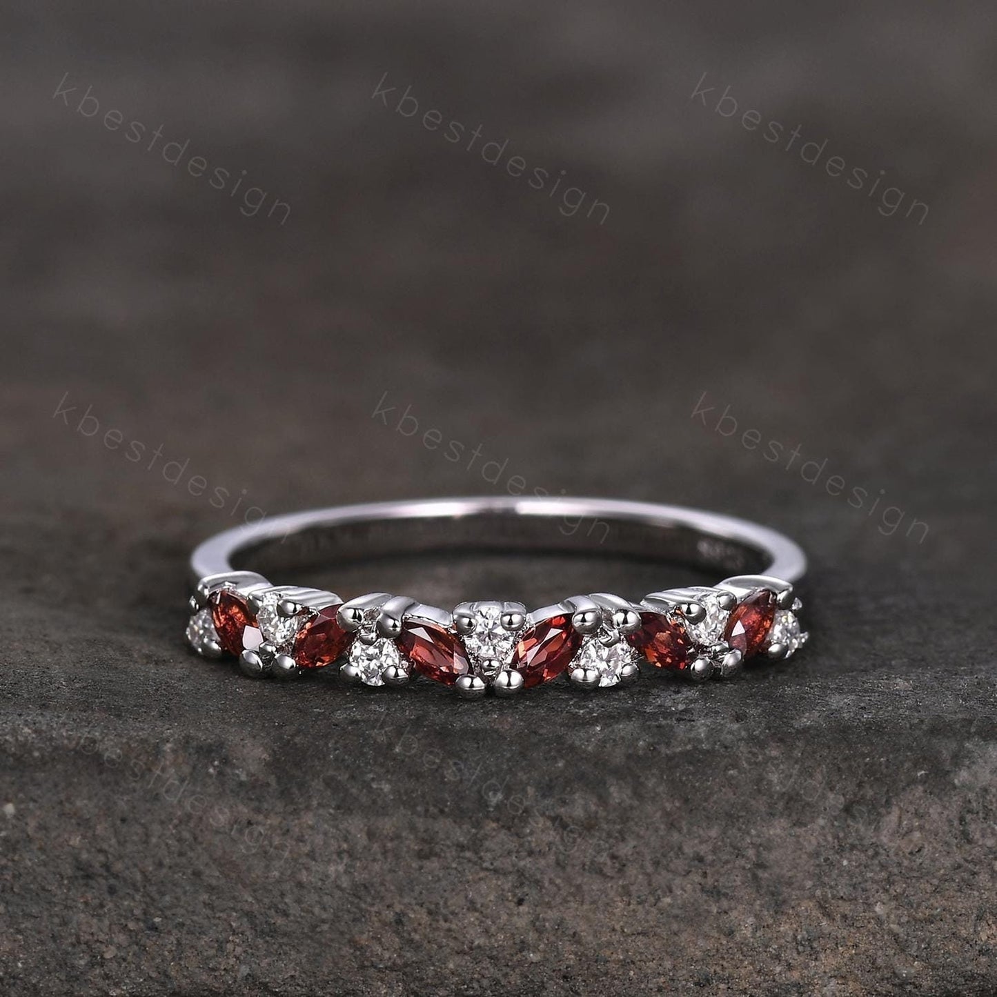 Garnet cluster wedding band Unique marquise cut garnet wedding band Vintage Moissanite ring Sterling silver ring Anniversary gift for Her