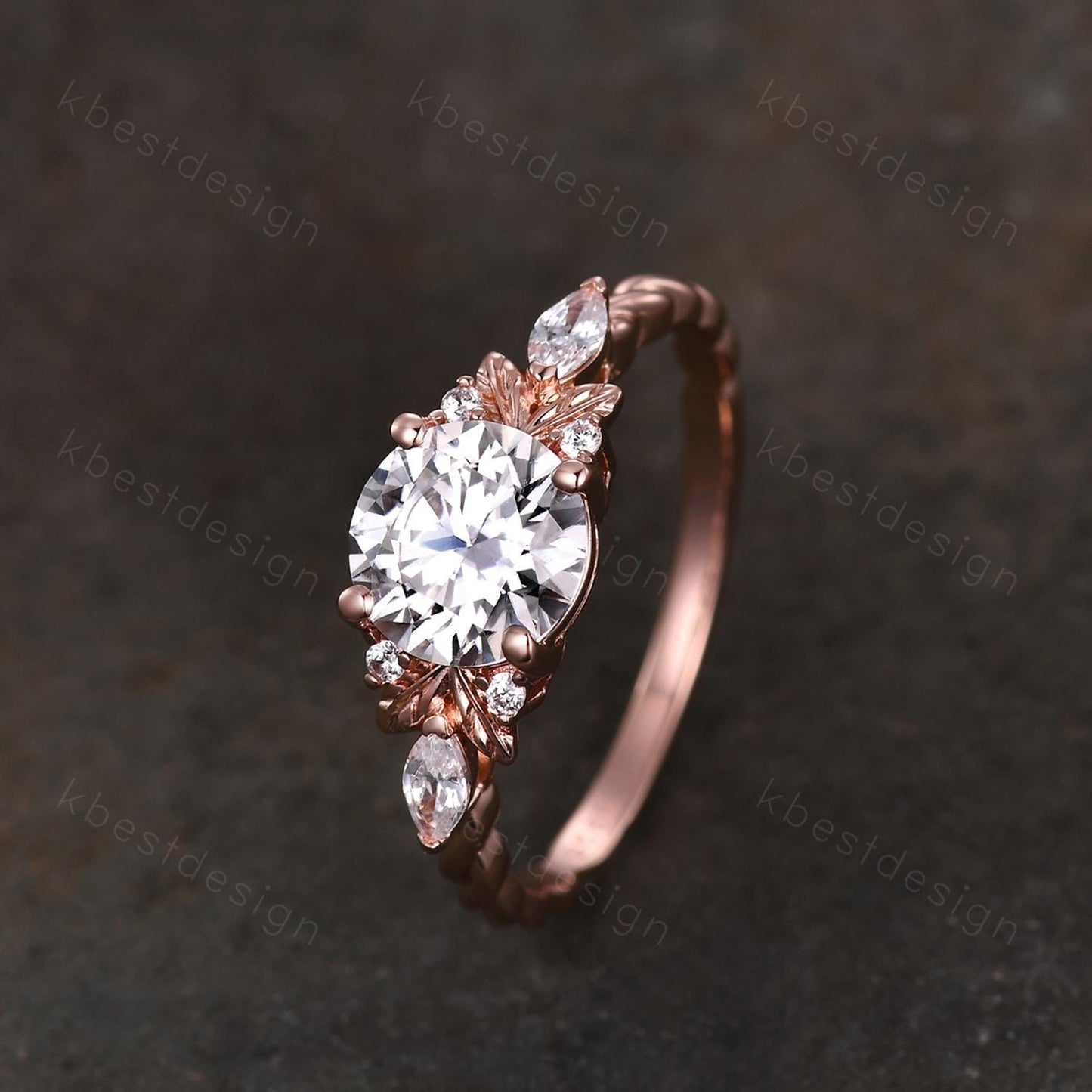 Vintage round Moissanite engagement ring nature inspired ring rose gold branch leaf ring Unique twisted band Bridal Promise ring