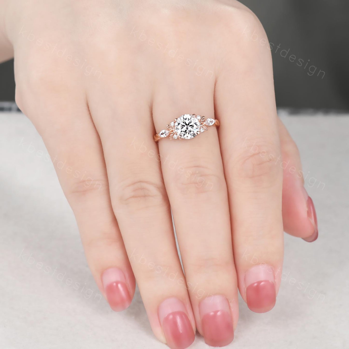Vintage round Moissanite engagement ring nature inspired ring rose gold branch leaf ring Unique twisted band Bridal Promise ring