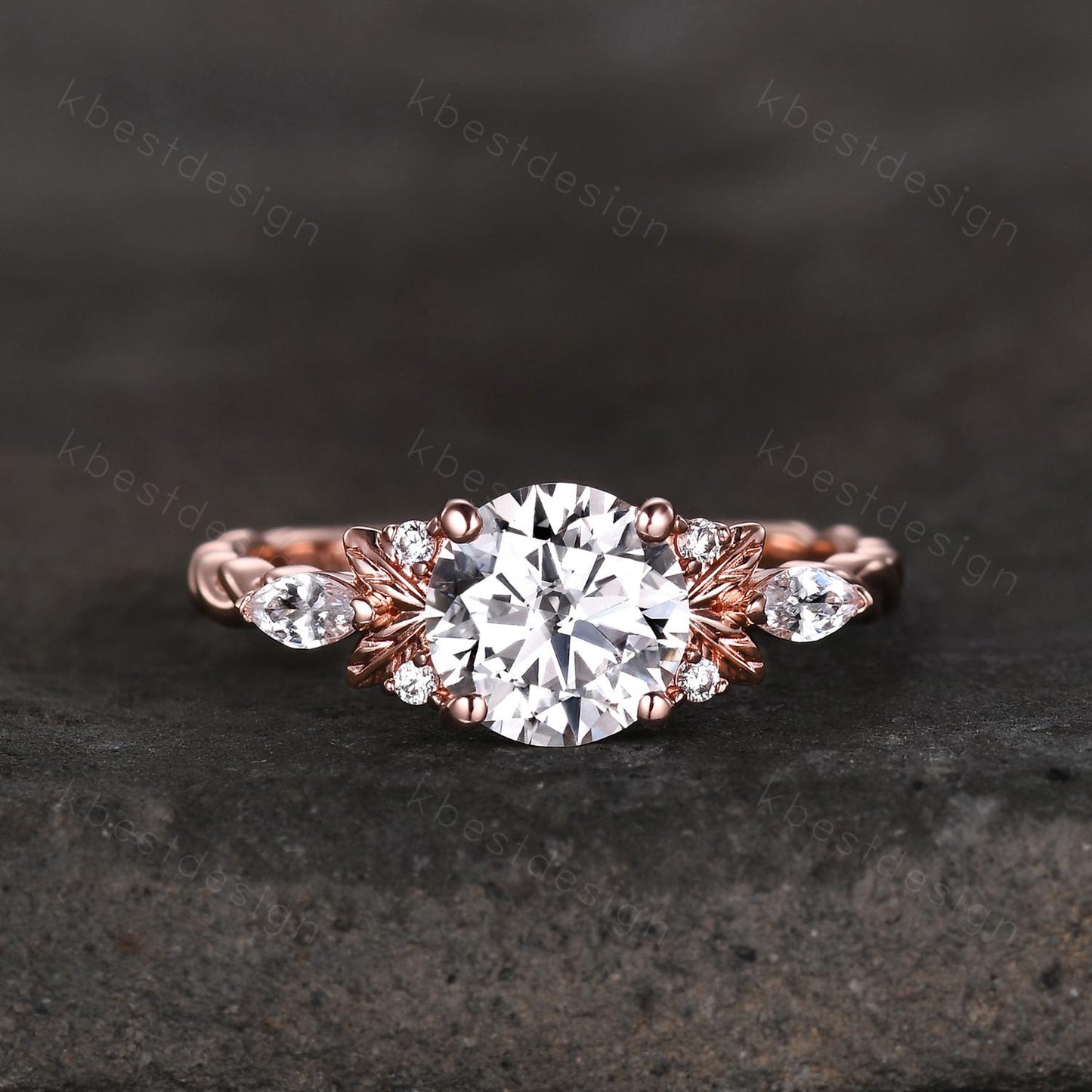 Vintage round Moissanite engagement ring nature inspired ring rose gold branch leaf ring Unique twisted band Bridal Promise ring