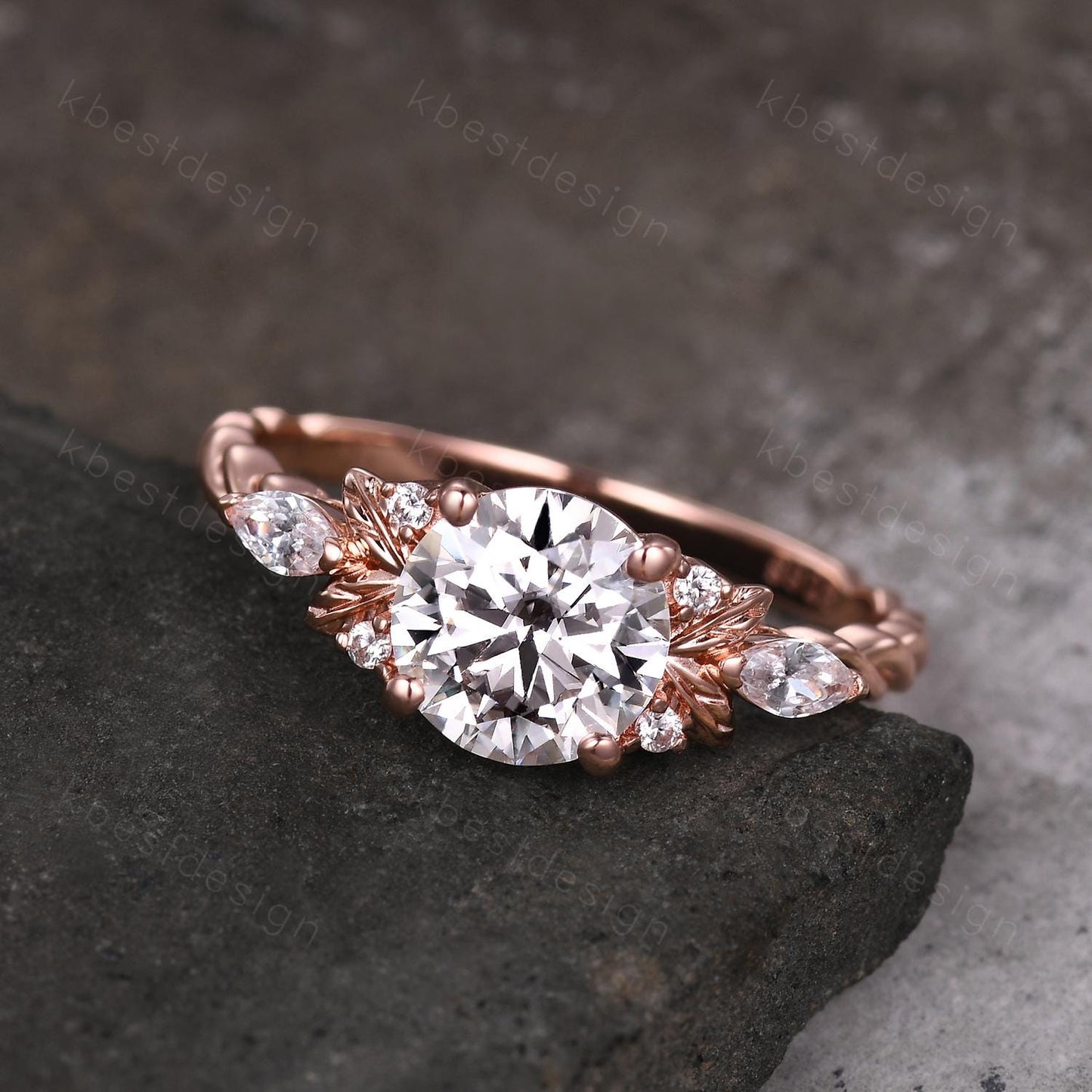 Vintage round Moissanite engagement ring nature inspired ring rose gold branch leaf ring Unique twisted band Bridal Promise ring