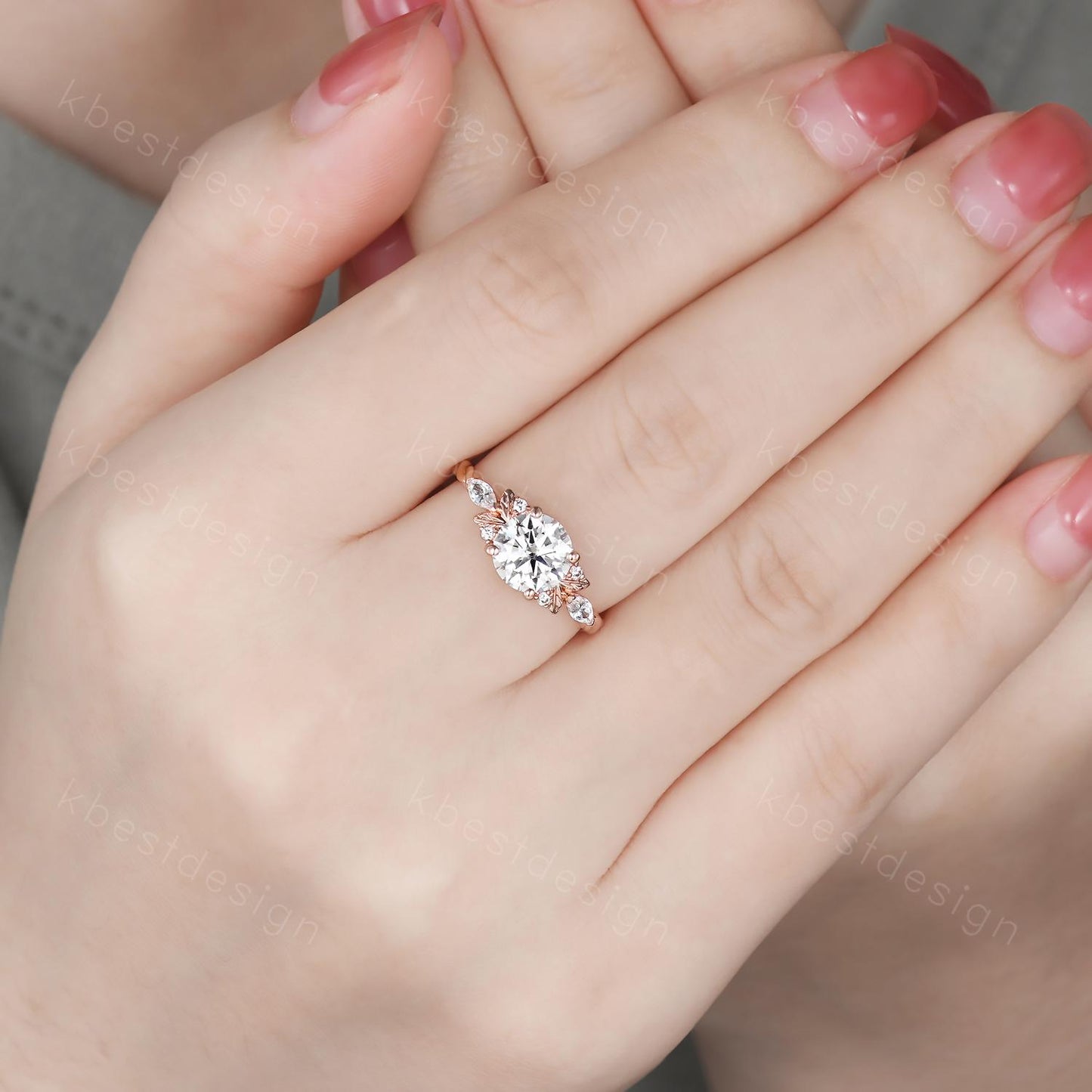 Vintage round Moissanite engagement ring nature inspired ring rose gold branch leaf ring Unique twisted band Bridal Promise ring