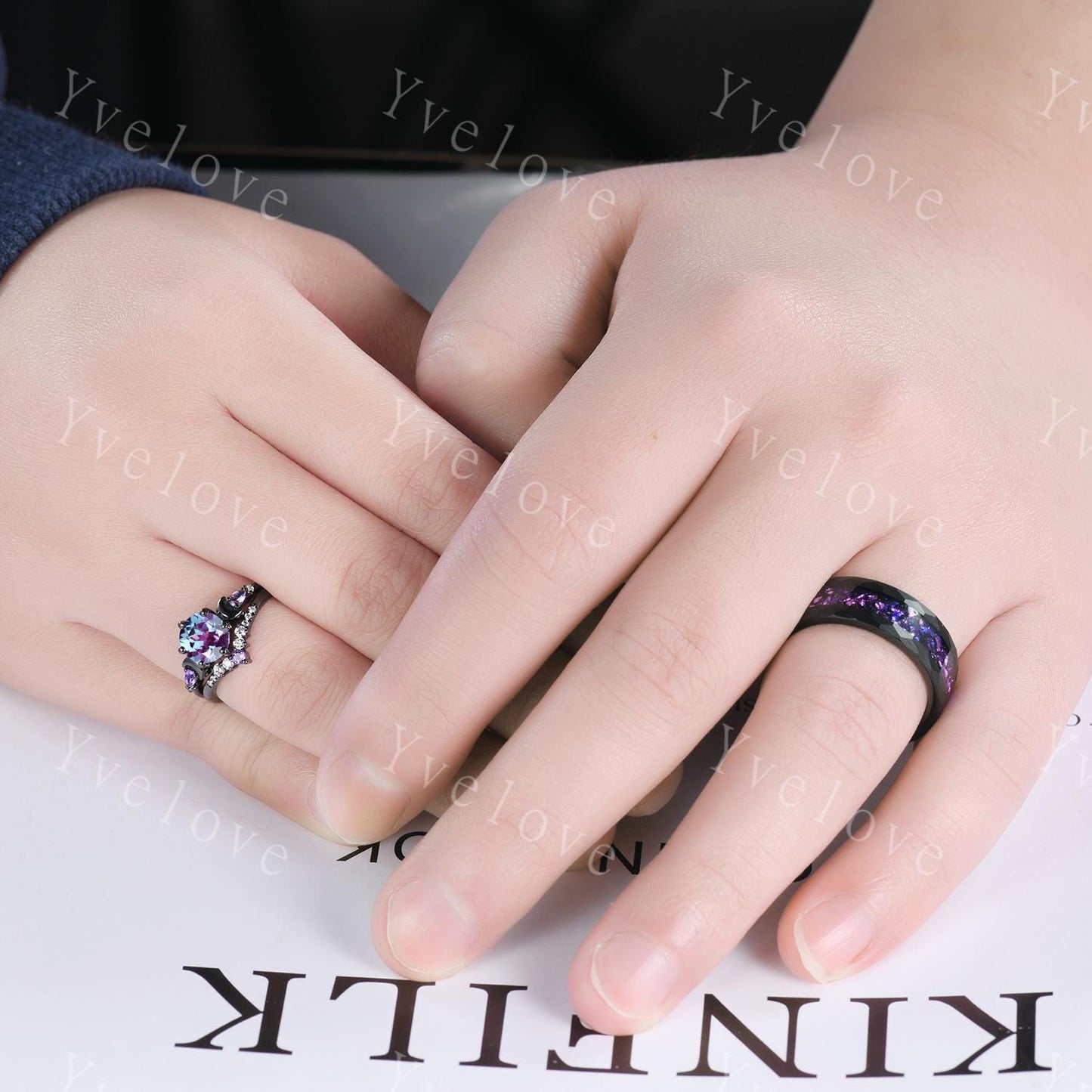 Alexandrite Amethyst Moon Couples Ring His and Hers Ring Set Tungsten Purple Matching Unique Wedding Band Outer Space Ring Promise Ring Gift