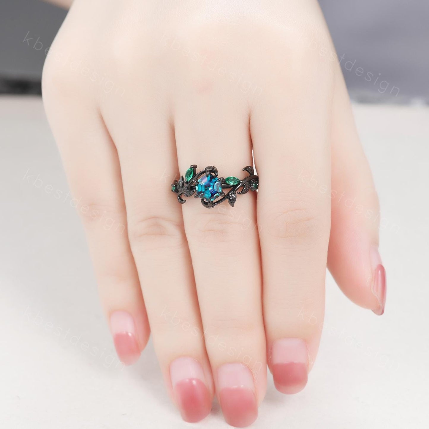 Vintage hexagon cut alexandrite engagement ring gothic black gold art deco emerald leaf ring nature inspired bridal promise ring for her