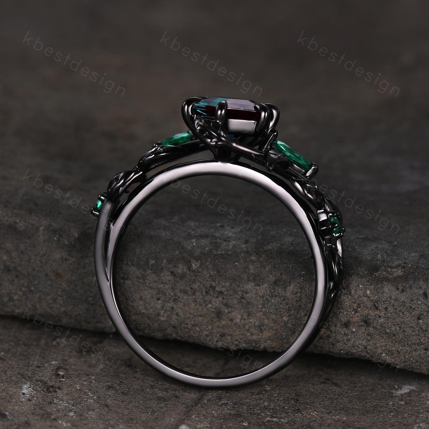 Vintage hexagon cut alexandrite engagement ring gothic black gold art deco emerald leaf ring nature inspired bridal promise ring for her