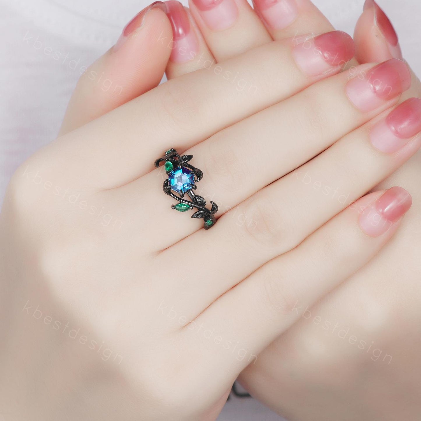 Vintage hexagon cut alexandrite engagement ring gothic black gold art deco emerald leaf ring nature inspired bridal promise ring for her
