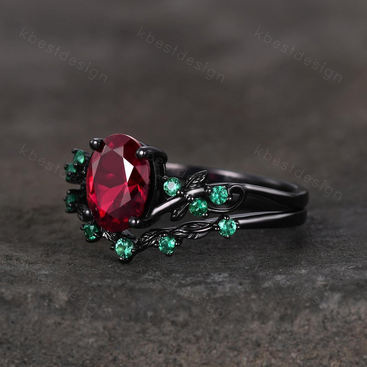 Vintage oval ruby engagement ring set black gold twig leaf emerald ring nature branch ring unique art deco bridal wedding ring set July ring