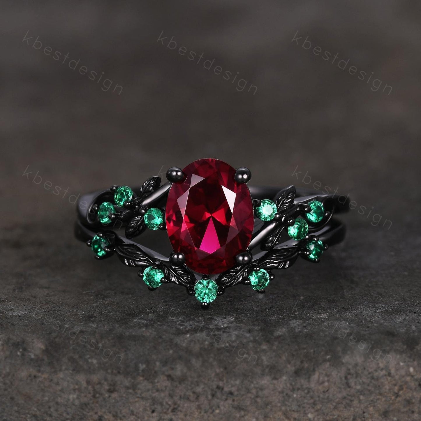 Vintage oval ruby engagement ring set black gold twig leaf emerald ring nature branch ring unique art deco bridal wedding ring set July ring