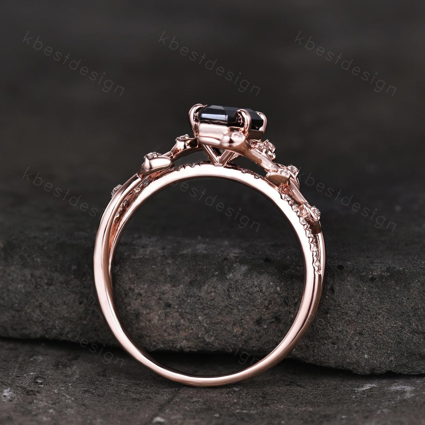 Coffin cut black onyx engagement ring Rose gold ring Art deco twig leaf moissanite wedding ring nature inspired ring bridal promise ring