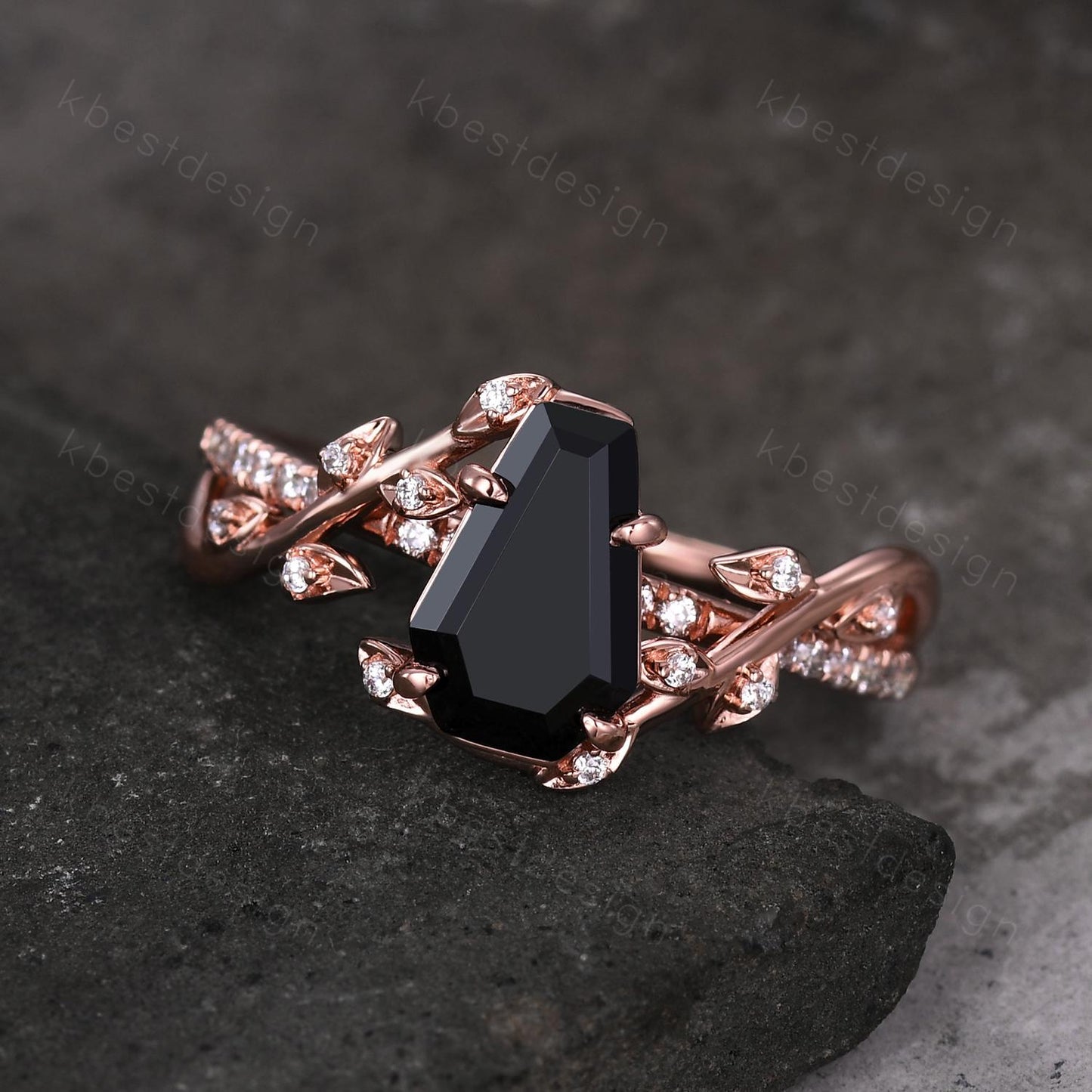 Coffin cut black onyx engagement ring Rose gold ring Art deco twig leaf moissanite wedding ring nature inspired ring bridal promise ring