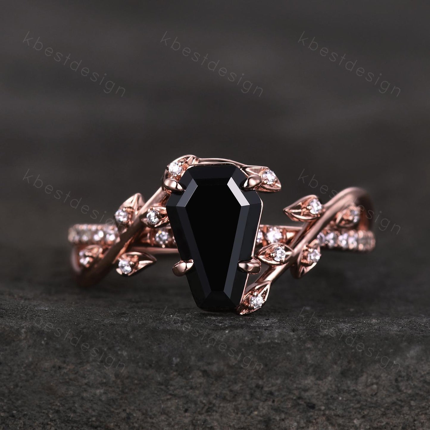 Coffin cut black onyx engagement ring Rose gold ring Art deco twig leaf moissanite wedding ring nature inspired ring bridal promise ring