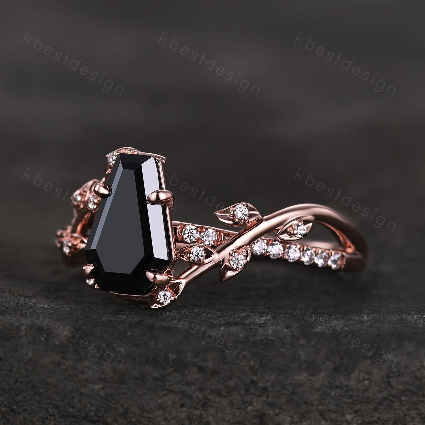 Coffin cut black onyx engagement ring Rose gold ring Art deco twig leaf moissanite wedding ring nature inspired ring bridal promise ring