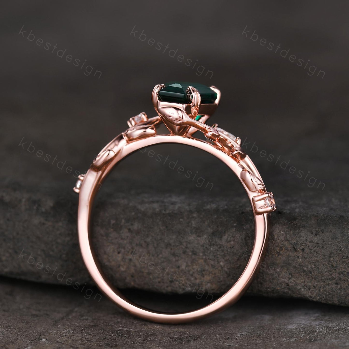 Vintage coffin green emerald engagement ring rose gold twig leaf moissanite wedding ring nature inspired ring Emerald bridal promise ring