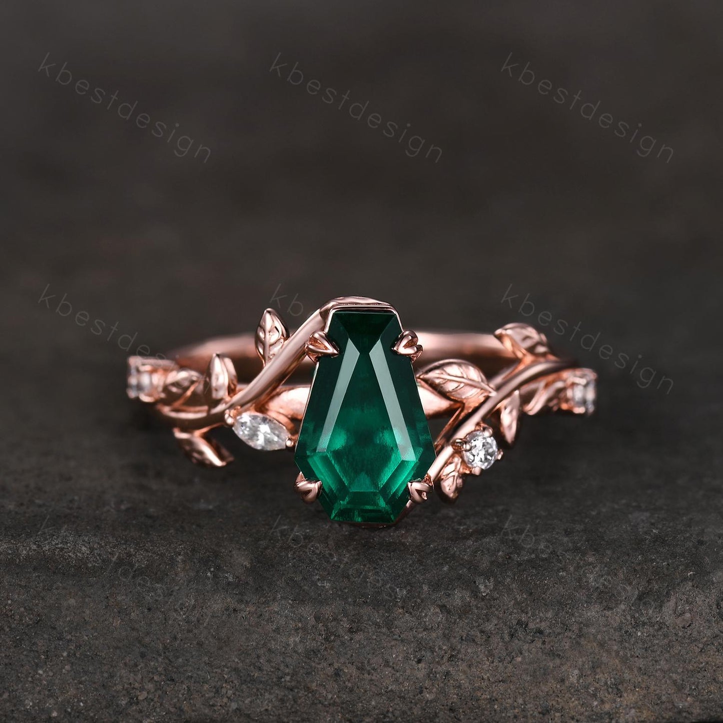 Vintage coffin green emerald engagement ring rose gold twig leaf moissanite wedding ring nature inspired ring Emerald bridal promise ring