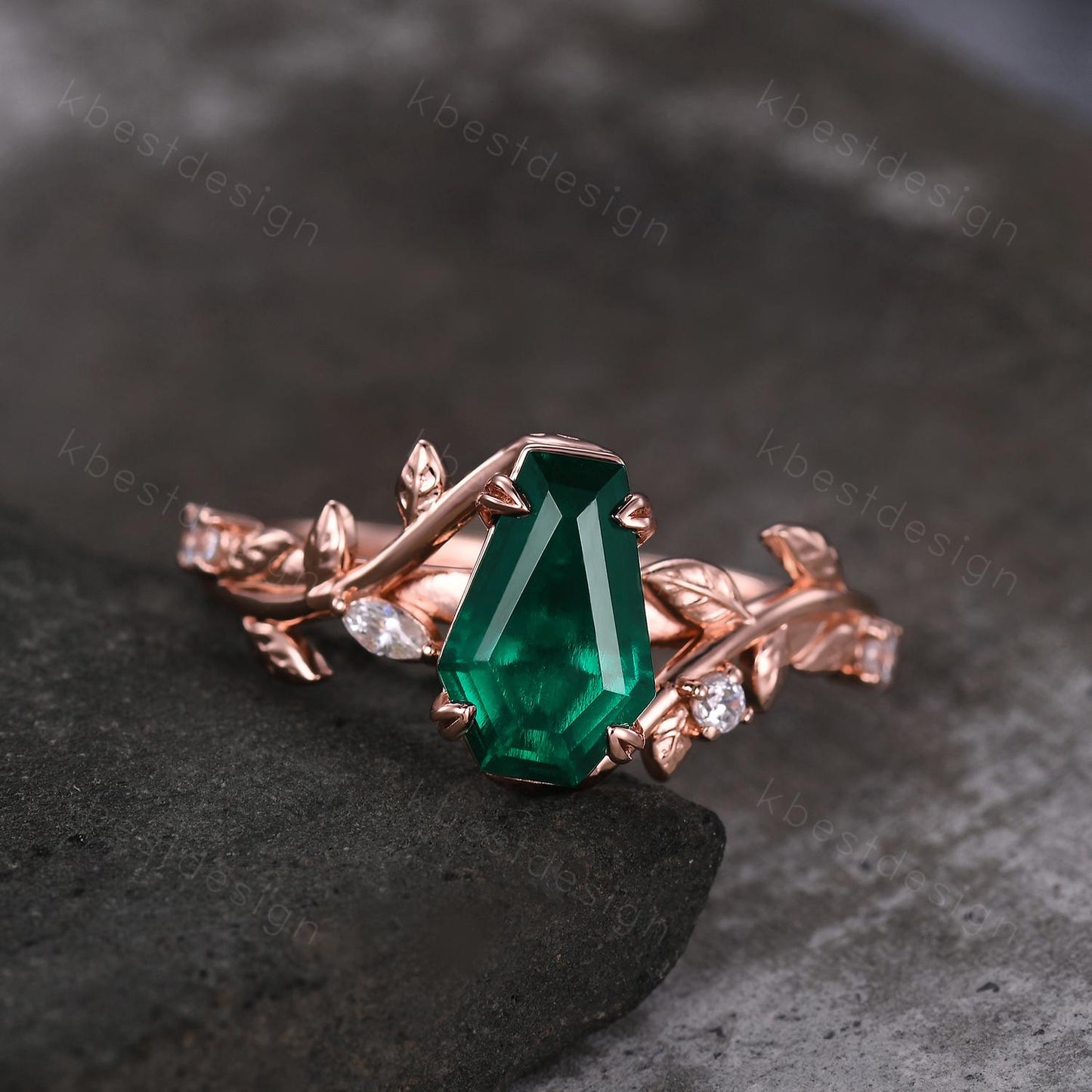 Vintage coffin green emerald engagement ring rose gold twig leaf moissanite wedding ring nature inspired ring Emerald bridal promise ring