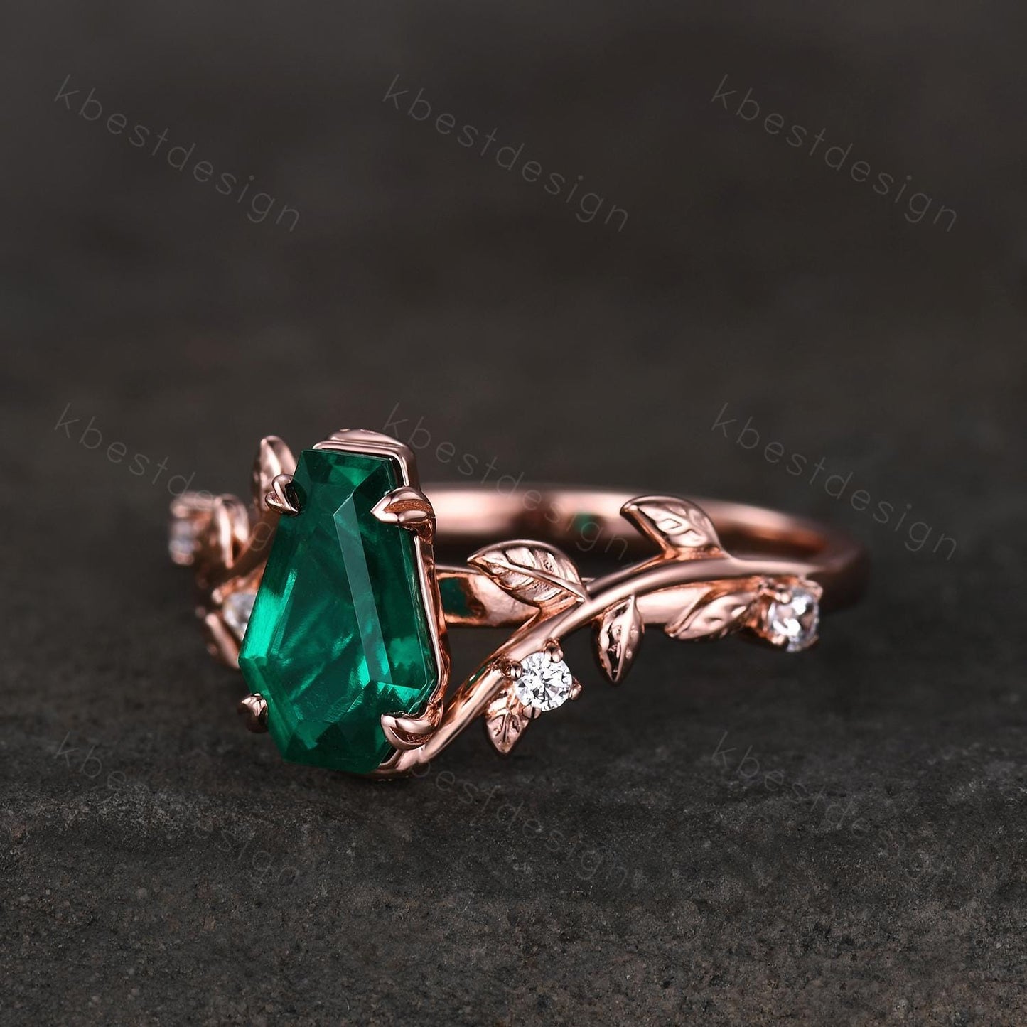 Vintage coffin green emerald engagement ring rose gold twig leaf moissanite wedding ring nature inspired ring Emerald bridal promise ring