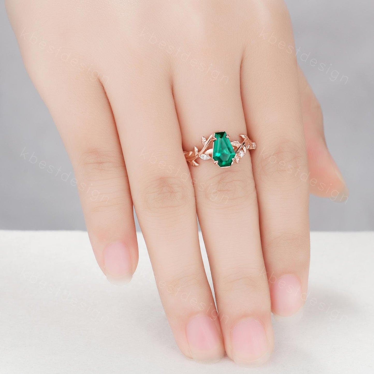 Vintage coffin green emerald engagement ring rose gold twig leaf moissanite wedding ring nature inspired ring Emerald bridal promise ring