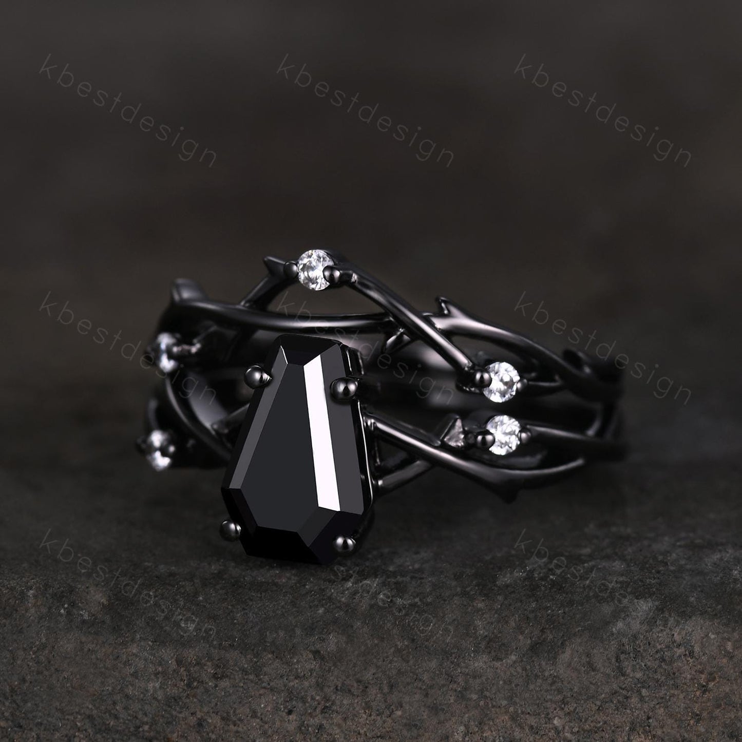 Vintage coffin cut black onyx engagement ring set black gold twig twisted moissanite ring nature branch ring unique bridal wedding ring set